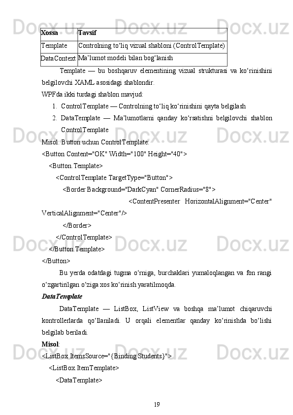 Xossa Tavsif
Template Controlning to‘liq vizual shabloni (ControlTemplate)
DataContext Ma’lumot modeli bilan bog‘lanish
Template   —   bu   boshqaruv   elementining   vizual   strukturasi   va   ko‘rinishini
belgilovchi  XAML asosidagi  shablondir.
WPFda ikki turdagi shablon mavjud:
1. ControlTemplate  —  Controlning to‘liq ko‘rinishini qayta belgilash
2. DataTemplate   —   Ma’lumotlarni   qanday   ko‘rsatishni   belgilovchi   shablon
ControlTemplate
Misol: Button uchun ControlTemplate:
<Button Content="OK" Width="100" Height="40">
    <Button.Template>
        <ControlTemplate TargetType="Button">
            <Border Background="DarkCyan" CornerRadius="8">
                                <ContentPresenter   HorizontalAlignment="Center"
VerticalAlignment="Center"/>
            </Border>
        </ControlTemplate>
    </Button.Template>
</Button>
Bu   yerda   odatdagi   tugma   o‘rniga,   burchaklari   yumaloqlangan   va   fon   rangi
o‘zgartirilgan o‘ziga xos ko‘rinish yaratilmoqda.
DataTemplate
DataTemplate   —   ListBox,   ListView   va   boshqa   ma’lumot   chiqaruvchi
kontrollerlarda   qo‘llaniladi.   U   orqali   elementlar   qanday   ko‘rinishda   bo‘lishi
belgilab beriladi.
Misol :
<ListBox ItemsSource="{Binding Students}">
    <ListBox.ItemTemplate>
        <DataTemplate>
19 