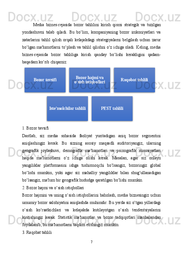 Media   biznes-rejasida   bozor   tahlilini   kirish   qismi   strategik   va   tuzilgan
yondashuvni   talab   qiladi.   Bu   bo‘lim,   kompaniyaning   bozor   imkoniyatlari   va
xatarlarini   tahlil   qilish   orqali   kelajakdagi   strategiyalarni   belgilash   uchun   zarur
bo‘lgan ma'lumotlarni to‘plash va tahlil qilishni o‘z ichiga oladi. Keling, media
biznes-rejasida   bozor   tahliliga   kirish   qanday   bo‘lishi   kerakligini   qadam-
baqadam ko‘rib chiqamiz:
1. Bozor tavsifi
Dastlab,   siz   media   sohasida   faoliyat   yuritadigan   aniq   bozor   segmentini
aniqlashingiz   kerak.   Bu   sizning   asosiy   maqsadli   auditoriyangiz,   ularning
geografik   joylashuvi,   demografik   ma’lumotlari   va   psixografik   xususiyatlari
haqida   ma'lumotlarni   o‘z   ichiga   olishi   kerak.   Masalan,   agar   siz   onlayn
yangiliklar   platformasini   ishga   tushirmoqchi   bo‘lsangiz,   bozoringiz   global
bo‘lishi   mumkin,   yoki   agar   siz   mahalliy   yangiliklar   bilan   shug‘ullanadigan
bo‘lsangiz, ma'lum bir geografik hududga qaratilgan bo‘lishi mumkin.
2. Bozor hajmi va o‘sish istiqbollari
Bozor hajmini va uning o‘sish istiqbollarini baholash, media biznesingiz uchun
umumiy bozor salohiyatini aniqlashda muhimdir. Bu yerda siz o‘tgan yillardagi
o‘sish   ko‘rsatkichlari   va   kelajakda   kutilayotgan   o‘sish   tendentsiyalarini
kiritishingiz   kerak.   Statistik   ma'lumotlar   va   bozor   tadqiqotlari   manbalaridan
foydalanib, bu ma'lumotlarni taqdim etishingiz mumkin.
3. Raqobat tahlili
7Bozor tavsifi	Bozor hajmi va 
o‘sish istiqbollari	Raqobat tahlili	
Iste'molchilar tahlili	PEST tahlili      