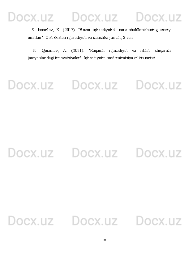 9.   Ismailov,   K.   (2017).   "Bozor   iqtisodiyotida   narx   shakllanishining   asosiy
omillari". O'zbekiston iqtisodiyoti va statistika jurnali, 8-son.
10.   Qosimov,   A.   (2021).   "Raqamli   iqtisodiyot   va   ishlab   chiqarish
jarayonlaridagi innovatsiyalar". Iqtisodiyotni modernizatsiya qilish nashri.
29 