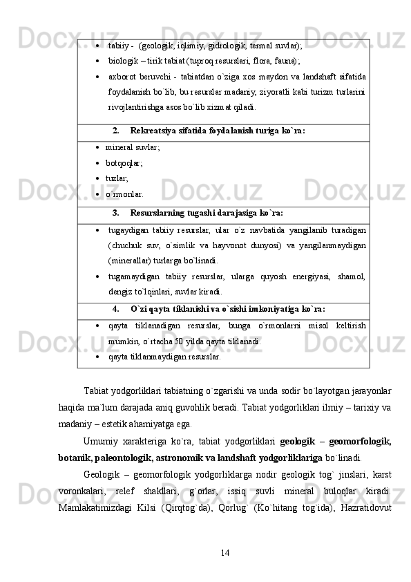  tabiiy -  (geologik, iqlimiy, gidrologik, termal suvlar);
 biologik – tirik tabiat (tuproq resurslari, flora, fauna);
 axborot   beruvchi   -   tabiatdan   o`ziga   xos   maydon   va   landshaft   sifatida
foydalanish bo`lib, bu resurslar madaniy, ziyoratli kabi turizm turlarini
rivojlantirishga asos bo`lib xizmat qiladi.
2. Rekreatsiya sifatida foydalanish turiga ko`ra:
 mineral suvlar;
 botqoqlar;
 tuzlar;
 o`rmonlar.
3. Resurslarning tugashi darajasiga ko`ra:
 tugaydigan   tabiiy   resurslar,   ular   o`z   navbatida   yangilanib   turadigan
(chuchuk   suv,   o`simlik   va   hayvonot   dunyosi)   va   yangilanmaydigan
(minerallar) turlarga bo`linadi.
 tugamaydigan   tabiiy   resurslar,   ularga   quyosh   energiyasi,   shamol,
dengiz to`lqinlari, suvlar kiradi.
4. O`zi qayta tiklanishi va o`sishi imkoniyatiga ko`ra:
 qayta   tiklanadigan   resurslar,   bunga   o`rmonlarni   misol   keltirish
mumkin, o`rtacha 50 yilda qayta tiklanadi.
 qayta tiklanmaydigan resurslar.
Tabiat yodgorliklari tabiatning o`zgarishi va unda sodir bo`layotgan jarayonlar
haqida ma`lum darajada aniq guvohlik beradi. Tabiat yodgorliklari ilmiy – tarixiy va
madaniy – estetik ahamiyatga ega. 
Umumiy   xarakteriga   ko`ra,   tabiat   yodgorliklari   geologik   –   geomorfologik,
botanik, paleontologik, astronomik va landshaft yodgorliklariga  bo`linadi.
Geologik   –   geomorfologik   yodgorliklarga   nodir   geologik   tog`   jinslari,   karst
voronkalari,   relef   shakllari,   g`orlar,   issiq   suvli   mineral   buloqlar   kiradi.
Mamlakatimizdagi   Kilsi   (Qirqtog`da),   Qorlug`   (Ko`hitang   tog`ida),   Hazratidovut
14 