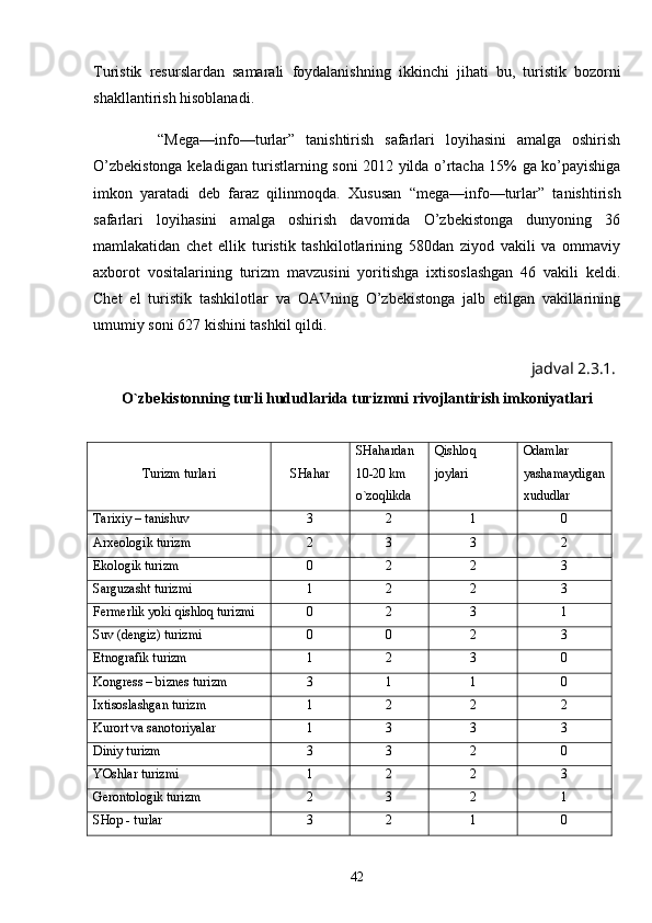 Turistik   resurslardan   samarali   foydalanishning   ikkinchi   jihati   bu,   turistik   bozor ni
shakllantirish hisoblanadi. 
            “Mega—info—turlar”   tanishtirish   safarlari   loyihasini   amalga   oshirish
O’zbekistonga keladigan turistlarning soni 2012 yilda o’rtacha 15% ga ko’payishiga
imkon   yaratadi   deb   faraz   qilinmoqda.   Xususan   “mega—info—turlar”   tanishtirish
safarlari   loyihasini   amalga   oshirish   davomida   O’zbekistonga   dunyoning   36
mamlakatidan   chet   ellik   turistik   tashkilotlarining   580dan   ziyod   vakili   va   ommaviy
axborot   vositalarining   turizm   mavzusini   yoritishga   ixtisoslashgan   46   vakili   keldi.
Chet   el   turistik   tashkilotlar   va   OAVning   O’zbekistonga   jalb   etilgan   vakillarining
umumiy soni 627 kishini tashkil qildi.
                                                                                                     jadval 2.3.1.
O`zbekistonning turli hududlarida turizmni rivojlantirish imkoniyatlari
Turizm turlari SHa h ar SHa h ardan 
10-20 km 
o`zoqlikda Q ishlo q  
joylari Odamlar 
yashamaydigan
xududlar
Tarixiy – tanishuv 3 2 1 0
Arxeologik turizm 2 3 3 2
Ekologik turizm 0 2 2 3
Sarguzasht turizmi 1 2 2 3
Fermerlik yoki  q ishlo q  turizmi 0 2 3 1
Suv (dengiz) turizmi 0 0 2 3
Etnografik turizm 1 2 3 0
Kongress – biznes turizm 3 1 1 0
Ixtisoslashgan turizm 1 2 2 2
Kurort va sanotoriyalar 1 3 3 3
Diniy turizm 3 3 2 0
YOshlar turizmi 1 2 2 3
Gerontologik turizm 2 3 2 1
SHop - turlar 3 2 1 0
42 