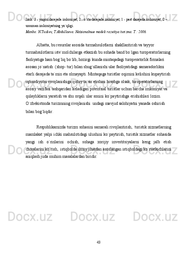 Izoh: 3 - yuqori darajada imkoniyat, 2 - o`rta darajada imkoniyat, 1 - past darajada imkoniyat, 0 – 
umuman imkoniyatning yo`qligi.
Manba: N.Tuxliev, T.Abdullaeva. Natsionalnыe modeli razvitiya turizma. T.: 2006.
Albatta, bu resurslar asosida turmahsulotlarni shakllantirish va tayyor 
turmahsulotlarni iste`molchilarga etkazish bu sohada band bo`lgan turoperatorlarning
faoliyatiga ham bog`liq bo`lib, hozirgi kunda mintaqadagi turoperatorlik firmalari 
asosan jo`natish  (shop- tur) bilan shug`ullanishi ular faoliyatidagi samaradorlikni 
etarli darajada ta`min eta olmayapti. Mintaqaga turistlar oqimini kelishini kupaytirish 
iqtisodiyotni rivojlanishiga ijobiy ta`sir etishini hisobga olsak, turoperatorlarning 
asosiy vazifasi tashqaridan keladigan potentsial turistlar uchun barcha imkoniyat va 
qulayliklarni yaratish va shu orqali ular sonini ko`paytirishga erishishlari lozim. 
O`zbekistonda turizmning rivojlanishi  undagi mavjud salohiyatni yanada oshirish 
bilan bog`liqdir.                                                                                                      
      
Respublikamizda turizm sohasini samarali rivojlantirish,  turistik xizmatlarning
mamlakat yalpi ichki mahsulotidagi ulushini ko`paytirish, turistik xizmatlar sohasida
yangi   ish   o`rinlarini   ochish,   sohaga   xorijiy   investitsiyalarni   keng   jalb   etish
choralarini ko`rish,  istiqbolda ilmiy jihatdan asoslangan istiqboldagi ko`rsatkichlarini
aniqlash juda muhim masalalardan biridir.  
      
43 