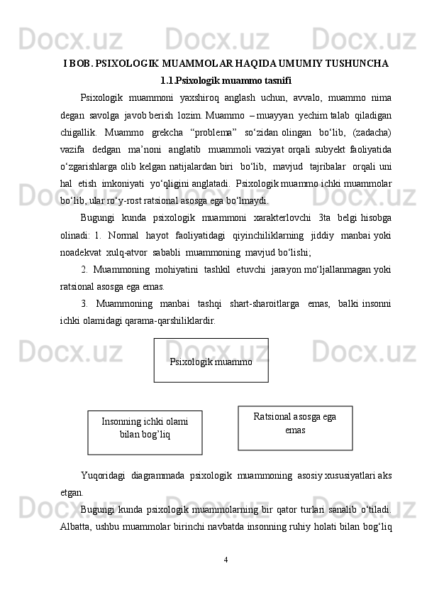 I BOB. PSIXOLOGIK MUAMMOLAR HAQIDA UMUMIY TUSHUNCHA
1.1.Psixologik muammo tasnifi 
Psixologik   muammoni   yaxshiroq   anglash   uchun,   avvalo,   muammo   nima
degan  savolga  javob berish  lozim. Muammo  – muayyan  yechim talab  qiladigan
chigallik.     Muammo     grekcha     “problema”     so‘zidan   olingan     bo‘lib,     (zadacha)
vazifa     dedgan     ma’noni     anglatib     muammoli   vaziyat   orqali   subyekt   faoliyatida
o‘zgarishlarga olib kelgan natijalardan biri   bo‘lib,   mavjud   tajribalar   orqali  uni
hal  etish  imkoniyati  yo‘qligini anglatadi.  Psixologik muammo ichki muammolar
bo‘lib, ular ro‘y-rost ratsional asosga ega bo‘lmaydi.  
Bugungi    kunda   psixologik     muammoni    xarakterlovchi     3ta   belgi   hisobga
olinadi:   1.     Normal     hayot     faoliyatidagi     qiyinchiliklarning    jiddiy    manbai   yoki
noadekvat  xulq-atvor  sababli  muammoning  mavjud bo‘lishi; 
2.  Muammoning  mohiyatini  tashkil  etuvchi  jarayon mo‘ljallanmagan yoki
ratsional asosga ega emas.
3.     Muammoning     manbai     tashqi     shart-sharoitlarga     emas,     balki   insonni
ichki olamidagi qarama-qarshiliklardir.  
Yuqoridagi  diagrammada  psixologik  muammoning  asosiy xususiyatlari aks
etgan.
Bugungi   kunda   psixologik   muammolarning   bir   qator   turlari   sanalib   o‘tiladi.
Albatta, ushbu muammolar birinchi navbatda insonning ruhiy holati bilan bog‘liq
4Psixologik muammo
Insonning ichki olami 
bilan bog’liq Ratsional asosga ega 
emas 