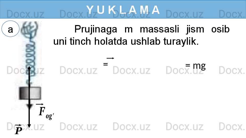 Y U K L A M A
Prujinaga  m  massasli  jism  osib 
uni tinch holatda ushlab turaylik.??????	
????????????	′
= 
= mg	
⃗??????a 