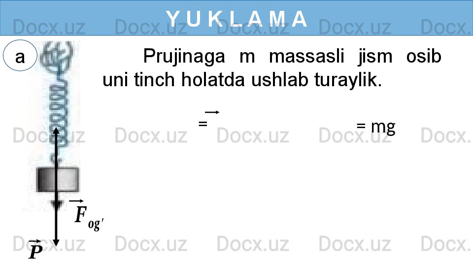 Y U K L A M A
Prujinaga  m  massasli  jism  osib 
uni tinch holatda ushlab turaylik.??????	
????????????	′
= 
= mg	
⃗??????a