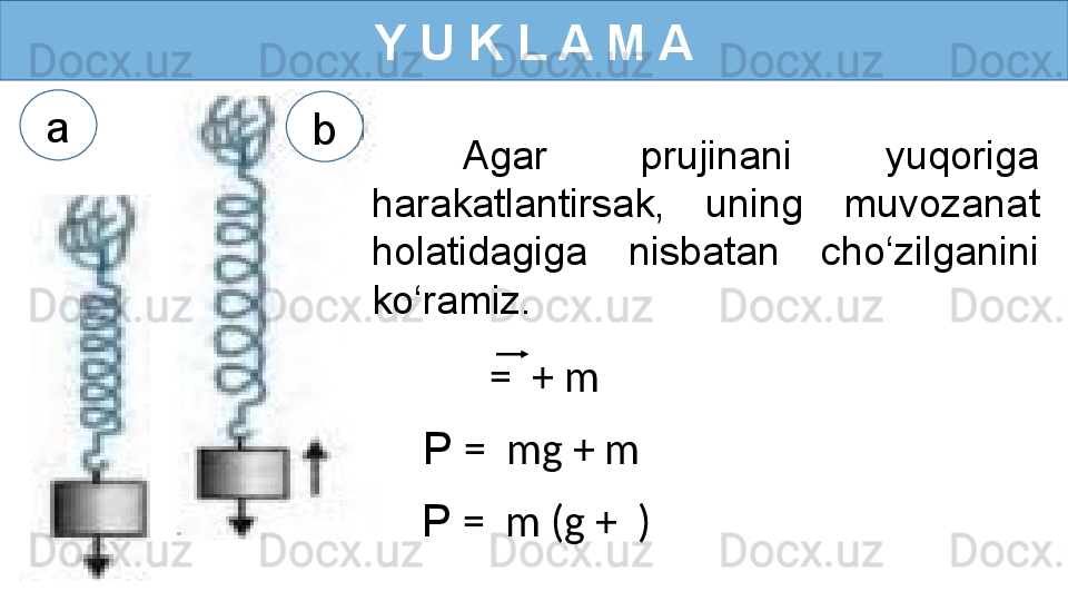 Y U K L A M A
Agar  prujinani  yuqoriga 
harakatlantirsak,  uning  muvozanat 
holatidagiga  nisbatan  cho‘zilganini 
ko‘ramiz.
  =  + m  a
b
P  =  mg + m  
P  =  m (g +  ) 