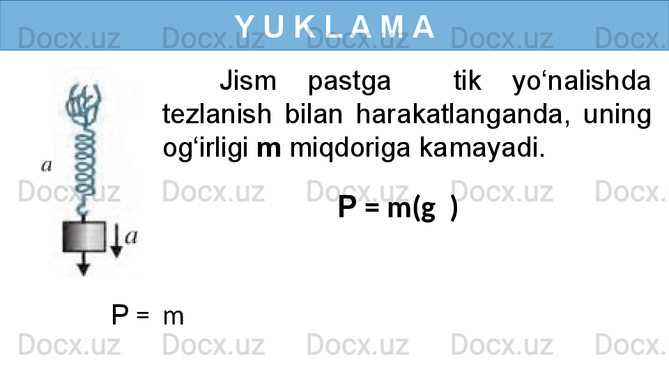 Y U K L A M A
P  =  m   P  = m(g   ) Jism  pastga    tik  yo‘nalishda 
tezlanish  bilan  harakatlanganda,  uning 
og‘irligi  m  miqdoriga kamayadi.  