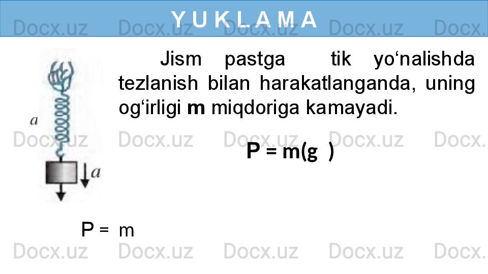 Y U K L A M A
P  =  m   P  = m(g   ) Jism  pastga    tik  yo‘nalishda 
tezlanish  bilan  harakatlanganda,  uning 
og‘irligi  m  miqdoriga kamayadi.