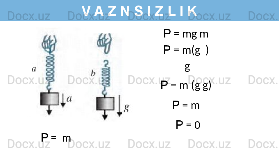 V A Z N S I Z L I K
P  =  m   P  = 0P  = mg m  
P  = m(g    ) 
P  = m (g g)    g 
P  = m  