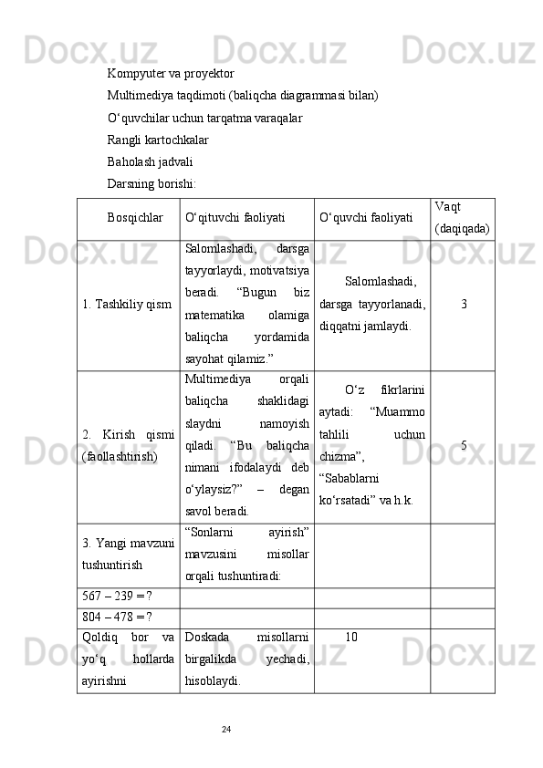 24Kompyuter va proyektor
Multimediya taqdimoti (baliqcha diagrammasi bilan)
O‘quvchilar uchun tarqatma varaqalar
Rangli kartochkalar
Baholash jadvali
Darsning borishi:
Bosqichlar O‘qituvchi faoliyati O‘quvchi faoliyati Vaqt
(daqiqada)
1. Tashkiliy qism Salomlashadi,   darsga
tayyorlaydi, motivatsiya
beradi.   “Bugun   biz
matematika   olamiga
baliqcha   yordamida
sayohat qilamiz.” Salomlashadi,
darsga   tayyorlanadi,
diqqatni jamlaydi. 3
2.   Kirish   qismi
(faollashtirish) Multimediya   orqali
baliqcha   shaklidagi
slaydni   namoyish
qiladi.   “Bu   baliqcha
nimani   ifodalaydi   deb
o‘ylaysiz?”   –   degan
savol beradi. O‘z   fikrlarini
aytadi:   “Muammo
tahlili   uchun
chizma”,
“Sabablarni
ko‘rsatadi” va h.k. 5
3. Yangi mavzuni
tushuntirish “Sonlarni   ayirish”
mavzusini   misollar
orqali tushuntiradi:
567 – 239 = ?
804 – 478 = ?
Qoldiq   bor   va
yo‘q   hollarda
ayirishni Doskada   misollarni
birgalikda   yechadi,
hisoblaydi. 10 