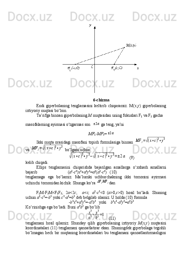 6 -chizma
Endi   giperbolaning   tenglamasini   keltirib   chiqaramiz.   M( x , y )   giperbolaning
ixtiyoriy nuqtasi bo ‘ lsin.
Ta’rifga binoan giperbolaning  M  nuqtasidan uning fokuslari F
1  va F
2  gacha 
masofalarning ayirmasi o ‘ zgarmas son  ±2a  ga teng, ya ’ ni
MF
1 - MF
2 =	
±2a
Ikki nuqta orasidagi masofani topish formulasiga binoan  	
MF	1=	√(x+c)2+y2
va 	
MF	2=	√(x−	c)2+y2  bo’lgani uchun 	
√(x+c)2+y2−	√(x−	c)2+y2=±	2a
   (9)
kelib chiqadi.
Ellips   tenglamasini   chiqarishda   bajarilgan   amallarga   o ‘ xshash   amallarni
bajarib                             ( а 2
- с 2
) х 2
+ а 2
у 2
= а 2
( а 2
- с 2
)   (10)
tenglamaga   ega   bo ‘ lamiz.   Ma’lumki   uchburchakning   ikki   tomonini   ayirmasi
uchinchi tomonidan kichik.  Shunga ko ‘ ra 	
ΔF	1MF	2 dan
F
1 M-F
2 M<F
1 F
2 ;   2 а <2 c ;     a <c ;   a 2
- c 2
<0   ( a >0, c >0)   hosil   bo ‘ ladi.   Shuning
uchun  a 2
- c 2
=- b 2
 yoki  c 2
- a 2
= b 2
 deb belgilab olamiz. U holda (10) formula
-b 2
x 2
+ a 2
y 2
=- a 2
b 2
   yoki     b 2
x 2
- a 2
y 2
= a 2
b 2
Ko ‘ rinishga ega bo ‘ ladi. Buni  а 2
b 2
 ga bo ‘ lib 	
x2
a2−	y2
b2=1
   (11)
tenglamani   hosil   qilamiz.   Shunday   qilib   giperbolaning   ixtiyoriy   M ( x,y )   nuqtasini
koordinatalari (11) tenglamani qanoatlatirar ekan. Shuningdek giperbolaga tegishli
bo ‘ lmagan   hech   bir   nuqtaning   koordinatalari   bu   tenglamani   qanoatlantirmasligini 