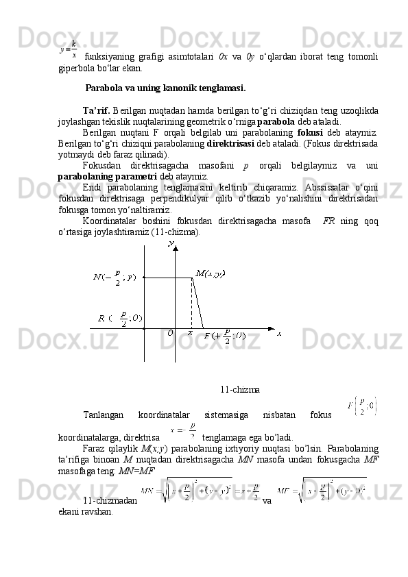 y=	k
x  funksiyaning   grafigi   asimtotalari   0 х   va   0 у   o ‘ qlardan   iborat   teng   tomonli
giperbola bo ‘ lar ekan.
 Parabola va uning kanonik tenglamasi.
Ta’rif.   Berilgan nuqtadan hamda berilgan to ‘ g ‘ ri  chiziqdan  teng uzoqlikda
joylashgan tekislik nuqtalarining geometrik o ‘ rniga  parabola  deb ataladi.
Berilgan   nuqtani   F   orqali   belgilab   uni   parabolaning   fokusi   deb   ataymiz.
Berilgan to ‘ g ‘ ri chiziqni parabolaning  direktrisasi  deb ataladi. (Fokus direktrisada
yotmaydi deb faraz qilinadi).
Fokusdan   direktrisagacha   masofani   p   orqali   belgilaymiz   va   uni
parabolaning  parametri  deb ataymiz.
Endi   parabolaning   tenglamasini   keltirib   chiqaramiz.   Abssissalar   o ‘ qini
fokusdan   direktrisaga   perpendikulyar   qilib   o ‘ tkazib   yo ‘ nalishini   direktrisadan
fokusga tomon yo ‘ naltiramiz.
Koordinatalar   boshini   fokusdan   direktrisagacha   masofa     FR   ning   qoq
o ‘ rtasiga joylashtiramiz (11-chizma).
                                                         11 -chizma
Tanlangan   koordinatalar   sistemasiga   nisbatan   fokus  
koordinatalarga, direktrisa       tenglamaga ega bo’ladi.
Faraz   qilaylik   M ( x;y )   parabolaning   ixtiyoriy   nuqtasi   bo’lsin.   Parabolaning
ta’rifiga   binoan   M   nuqtadan   direktrisagacha   MN   masofa   undan   fokusgacha   MF
masofaga teng:  MN=MF
11-chizmadan   va  
ekani ravshan. 