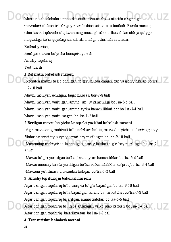 Mustaqil ish talabalar tomonidan auditoriya mashg`ulotiarida o`rganilgan 
mavzula n i o`zlasht i ri l ishiga yordamlashish  u chun olib boriladi. Bunda mustaqil 
ishni tashkil qiluvchi o`qituvchining mustaqil ishni o`tkazishdan oldiga qo`ygan 
maqsadiga ko`ra quyidagi shakllarda amalga oshirilishi niumkin.
Referat yozish;
Berilgan mavzu bo`yicha konspekt yozish
Amaliy topshiriq
Test tuzish
1.Referatni baholash mezoni
Referatda mavzu to`liq ochilgan, to`g`ri xulosa chiqarilgan va ijodiy fikrlari bo`lsa 
9-10  ball
Mavzu mohiyati ochilgan, faqat xulosasi bor-7-8  ball
Mavzu mohiyati yoritilgan, ammo juz iy kamchiligi bo`lsa-5-6	
  ball
Mavzu mohiyati yoritilgan, ammo ayrim kamchiliklari bor bo`lsa-3-4  ball
Mavzu mohiyati yoritilmagan  bo`lsa-1-2  ball
2.Berilgan mavzu bo`yicha konspekt yozishni baholash mezoni
-Agar mavzuning mohiyati to`la ochilgan bo`lib, mavzu bo`yicha talabaning ijodiy
fikrlari va tanqidiy nuqtaiy nazari bayon qilingan bo`lsa-9-10  ball
-Mavzuning mohiyati to`la ochilgan, asosiy faktlar to`g`ri bayon qilingan bo`lsa-7-
8  ball
-Mavzu to`g`ri yoritilgan bo`lsa, lekin ayrim kamchiliklari bo`lsa-5-6  ball
-Mavzu umumiy tarzda yoritilgan bo`lsa va kamchiliklar ko`proq bo`lsa-3-4  ball
-Mavzuni yo`ritmasa, mavzudan tashqari bo`lsa-1-2  ball
3. Amaliy topshiriqni baholash mezoni
Agar berilgan topshiriq to`la, aniq va to`g`ri bajarilgan bo`lsa-9-10  ball
Agar berilgan topshiriq to`la bajarilgan, ammo ba zi xatolari bo`lsa-7-8	
  ball
Agar berilgan topshiriq bajarilgan, ammo xatolari bo`lsa-5-6  ball
Agar berilgan topshiriq to`liq bajarilmagan va ko`plab xatolari bo`lsa-3-4  ball
Agar berilgan topshiriq  bajarilmagan  bo`lsa-1-2  ball
4. Test tuzishni baholash mezoni
31 