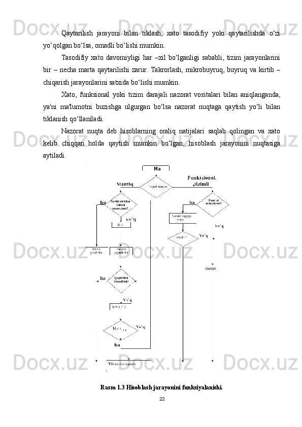 Qaytarilish   jarayoni   bilan   tiklash,   xato   tasodifiy   yoki   qaytarilishda   o‘zi
yo‘qolgan bo‘lsa, omadli bo‘lishi mumkin.
Tasodifiy   xato   davomiyligi   har   –xil   bo‘lganligi   sababli,   tizim   jarayonlarini
bir   – necha  marta  qaytarilishi  zarur. Takrorlash,  mikrobuyruq, buyruq  va kirtib –
chiqarish jarayonlarini satxida bo‘lishi mumkin.
Xato,   funksional   yoki   tizim   darajali   nazorat   vositalari   bilan   aniqlanganda,
ya'ni   ma'lumotni   buzishga   ulgurgan   bo‘lsa   nazorat   nuqtaga   qaytish   yo‘li   bilan
tiklanish qo‘llaniladi.
Nazorat   nuqta   deb   hisoblarning   oraliq   natijalari   saqlab   qolingan   va   xato
kelib   chiqqan   holda   qaytish   mumkin   bo‘lgan,   hisoblash   jarayonini   nuqtasiga
aytiladi.
Rasm 1.3 Hisoblash jarayonini funksiyalanishi.
22