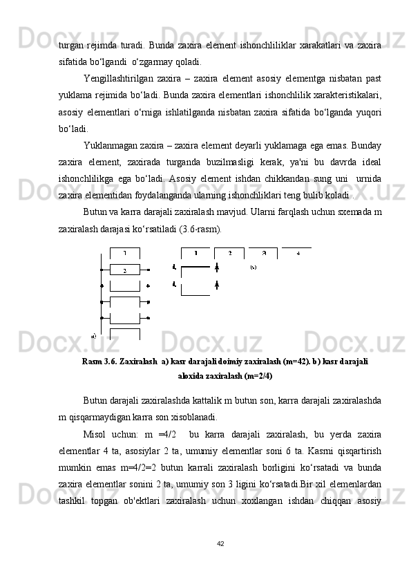 turgan   rejimda   turadi.   Bunda   zaxira   element   ishonchliliklar   xarakatlari   va   zaxira
sifatida bo‘lgandi  o‘zgarmay qoladi.
Yengillashtirilgan   zaxira   –   zaxira   element   asosiy   elementga   nisbatan   past
yuklama rejimida bo‘ladi. Bunda zaxira elementlari ishonchlilik xarakteristikalari,
asosiy   elementlari   o‘rniga   ishlatilganda   nisbatan   zaxira   sifatida   bo‘lganda   yuqori
bo‘ladi.
Yuklanmagan zaxira – zaxira element deyarli yuklamaga ega emas. Bunday
zaxira   element,   zaxirada   turganda   buzilmasligi   kerak,   ya'ni   bu   davrda   ideal
ishonchlilikga   ega   bo‘ladi.   Asosiy   element   ishdan   chikkandan   sung   uni     urnida
zaxira elementidan foydalanganda ularning ishonchliklari teng bulib koladi .
Butun va karra darajali zaxiralash mavjud. Ularni farqlash uchun sxemada m
zaxiralash darajasi ko‘rsatiladi (3.6-rasm).
Rasm 3. 6 . Zaxiralash  a) kasr darajali doimiy zaxiralash (m=42). b) kasr darajali
aloxida zaxiralash (m=2/4)
Butun darajali zaxiralashda kattalik m butun son, karra darajali zaxiralashda
m qisqarmaydigan karra son xisoblanadi.
Misol   uchun:   m   =4/2     bu   karra   darajali   zaxiralash,   bu   yerda   zaxira
elementlar   4   ta,   asosiylar   2   ta,   umumiy   elementlar   soni   6   ta.   Kasrni   qisqartirish
mumkin   emas   m=4/2=2   butun   karrali   zaxiralash   borligini   ko‘rsatadi   va   bunda
zaxira elementlar sonini 2 ta, umumiy son 3 ligini ko‘rsatadi.Bir xil elemenlardan
tashkil   topgan   ob'ektlari   zaxiralash   uchun   xoxlangan   ishdan   chiqqan   asosiy
42
