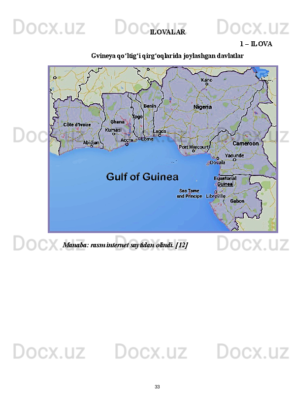 ILOVALAR
1 – ILOVA
Gvineya qo ltig i qirg oqlarida joylashgan davlatlarʻ ʻ ʻ
Manaba: rasm internet saytidan olindi. [12]
33 