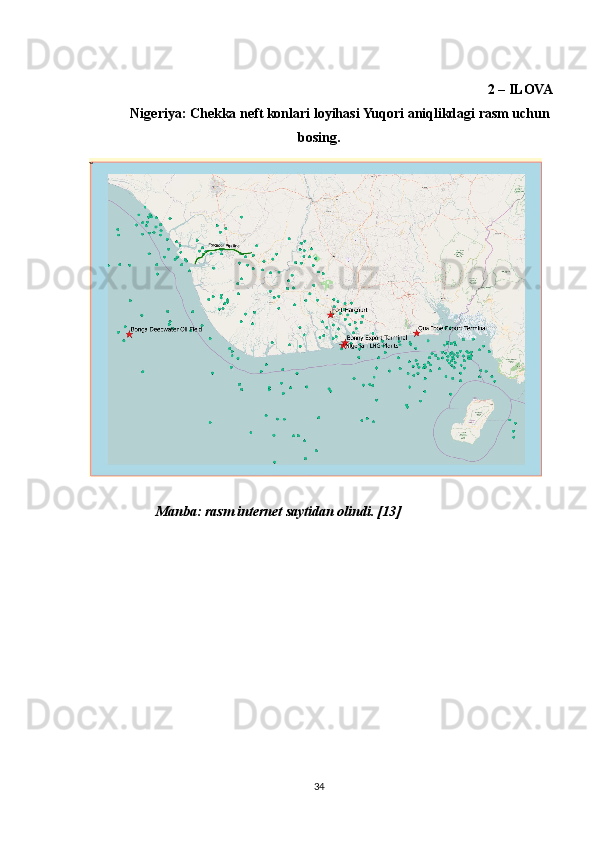2 – ILOVA 
Nigeriya: Chekka neft konlari loyihasi Yuqori aniqlikdagi rasm uchun
bosing.
 Manba: rasm internet saytidan olindi. [13]
34 