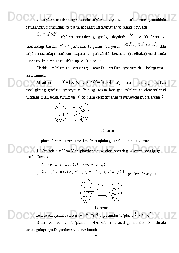   to‘plam  moslikning ikkinchi  to‘plami deyiladi.     to‘plamning moslikda
qatnashgan elementlari to‘plami moslikning qiymatlar to‘plami deyiladi.
  to‘plam   moslikning   grafigi   deyiladi.     grafik   biror  
moslikdagi   barcha     juftliklar   to‘plami,   bu   yerda   Ikki
to‘plam orasidagi moslikni nuqtalar va yo‘nalishli kesmalar (strelkalar) yordamida
tasvirlovchi rasmlar moslikning grafi deyiladi.
Chekli   to‘plamlar   orasidagi   moslik   graflar   yordamida   ko‘rgazmali
tasvirlanadi.
Misollar:   1.     to‘plamlar   orasidagi   «kat ta»
mosligining   grafigini   yasaymiz.   Buning   uchun   berilgan   to‘p lamlar   elementlarini
nuqtalar bilan belgilaymiz va   to‘plam ele ment larini tasvirlovchi nuqtalardan   
16-rasm
to‘plam elementlarini tasvir lovchi nuqtalarga strelkalar o‘tkazamiz.
1. Natijada biz X va Y to‘plamlar elementlari orasidagi «katta» mosligiga 
ega bo‘lamiz
2. 
  grafini chizaylik:
17-rasm
Bunda aniqlanish sohasi  , qiymatlar to‘plami 
Sonli     va     to‘plamlar   elementlari   orasidagi   moslik   koordinata
tekisligidagi grafik yordamida tasvirlanadi.
26 