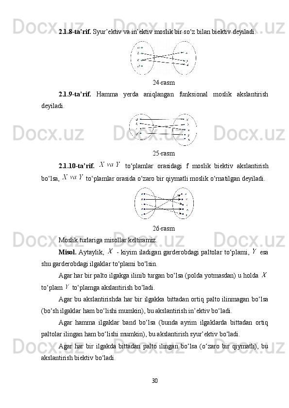 2.1.8-ta’rif.  Syur’ektiv va in’ektiv moslik bir so‘z bilan biektiv deyila di. 
24-rasm
2.1.9-ta’rif.   Hamma   yerda   aniqlangan   funksional   moslik   akslantirish
deyiladi.
25-rasm
2.1.10-ta’rif.     to‘plamlar   orasidagi   f   moslik   biektiv   akslantirish
bo‘l sa,   to‘plamlar orasida o‘zaro bir qiymatli moslik o‘rna tilgan deyiladi.
26-rasm
Moslik turlariga misollar keltiramiz.
Misol.   Aytaylik,     - kiyim iladigan garderobdagi paltolar to‘p lami,     esa
shu garderobdagi ilgaklar to‘plami bo‘lsin.
Agar har bir palto ilgakga ilinib turgan bo‘lsa (polda yotmasdan) u holda 
to‘plam   to‘plamga akslantirish bo‘ladi.
Agar bu akslantirishda har  bir ilgakka bittadan ortiq palto ilinmagan bo‘lsa
(bo‘sh ilgaklar ham bo‘lishi mumkin), bu akslantirish in’ektiv bo‘ladi.
Agar   hamma   ilgaklar   band   bo‘lsa   (bunda   ayrim   ilgaklarda   bittadan   ortiq
paltolar ilingan ham bo‘lishi mumkin), bu akslantirish syur’ektiv bo‘ladi.
Agar   har   bir   ilgakda   bittadan   palto   ilingan   bo‘lsa   (o‘zaro   bir   qiymatli),   bu
akslantirish biektiv bo‘ladi.
30 