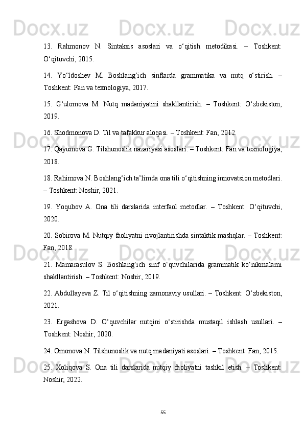 13.   Rahmonov   N.   Sintaksis   asoslari   va   o‘qitish   metodikasi.   –   Toshkent:
O‘qituvchi, 2015.
14.   Yo‘ldoshev   M.   Boshlang‘ich   sinflarda   grammatika   va   nutq   o‘stirish.   –
Toshkent: Fan va texnologiya, 2017.
15.   G‘ulomova   M.   Nutq   madaniyatini   shakllantirish.   –   Toshkent:   O‘zbekiston,
2019.
16. Shodmonova D. Til va tafakkur aloqasi. – Toshkent: Fan, 2012.
17. Qayumova G. Tilshunoslik nazariyasi asoslari. – Toshkent: Fan va texnologiya,
2018.
18. Rahimova N. Boshlang‘ich ta’limda ona tili o‘qitishning innovatsion metodlari.
– Toshkent: Noshir, 2021.
19.   Yoqubov   A.   Ona   tili   darslarida   interfaol   metodlar.   –   Toshkent:   O‘qituvchi,
2020.
20. Sobirova M. Nutqiy faoliyatni rivojlantirishda sintaktik mashqlar. – Toshkent:
Fan, 2018.
21.   Mamarasulov   S.   Boshlang‘ich   sinf   o‘quvchilarida   grammatik   ko‘nikmalarni
shakllantirish. – Toshkent: Noshir, 2019.
22. Abdullayeva Z. Til o‘qitishning zamonaviy usullari. – Toshkent: O‘zbekiston,
2021.
23.   Ergashova   D.   O‘quvchilar   nutqini   o‘stirishda   mustaqil   ishlash   usullari.   –
Toshkent: Noshir, 2020.
24. Omonova N. Tilshunoslik va nutq madaniyati asoslari. – Toshkent: Fan, 2015.
25.   Xoliqova   S.   Ona   tili   darslarida   nutqiy   faoliyatni   tashkil   etish.   –   Toshkent:
Noshir, 2022.
55 