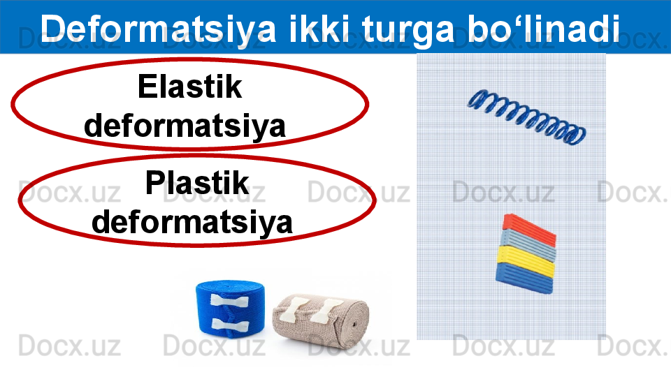 Deformatsiya ikki turga bo‘linadi 
Elastik 
deformatsiya 
Plastik 
deformatsiya  