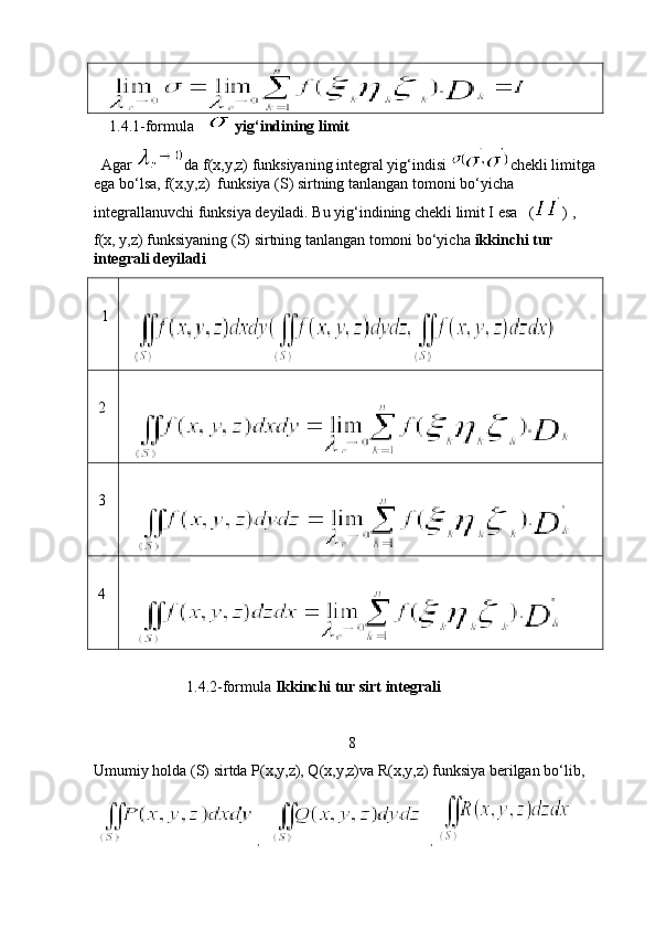    
    1.4.1-formula      yig‘indining limit  
  Agar  da f(x,y,z) funksiyaning integral yig‘indisi  chekli limitga 
ega bo‘lsa, f(x,y,z)  funksiya (S) sirtning tanlangan tomoni bo‘yicha 
integrallanuvchi funksiya deyiladi. Bu yig‘indining chekli limit I esa   ( ) ,
f(x, y,z) funksiyaning (S) sirtning tanlangan tomoni bo‘yicha  ikkinchi tur 
integrali deyiladi
   1
  
  2
  
  3
   
 4
   
                        1.4.2-formula  Ikkinchi tur sirt   integrali
8
Umumiy holda (S) sirtda P(x,y,z), Q(x,y,z)va R(x,y,z) funksiya berilgan bo‘lib,
  ,       ,   