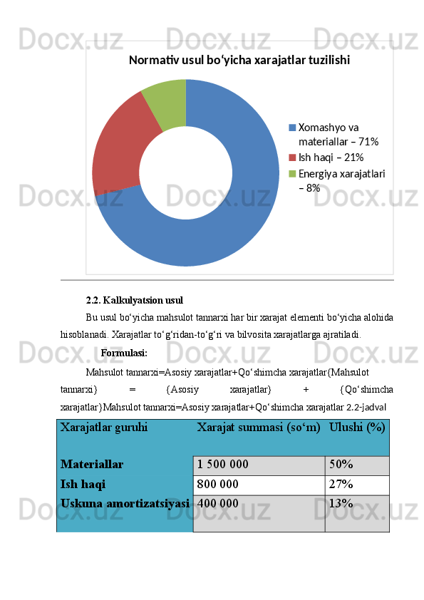 Normativ usul bo‘yicha xarajatlar tuzilishi
Xomashyo va 
materiallar – 71%
Ish haqi – 21%
Energiya xarajatlari 
– 8%
2.2. Kalkulyatsion usul
Bu usul bo‘yicha mahsulot tannarxi har bir xarajat elementi bo‘yicha alohida
hisoblanadi. Xarajatlar to‘g‘ridan-to‘g‘ri va bilvosita xarajatlarga ajratiladi.
??????   Formulasi:
Mahsulot   tannarxi=Asosiy   xarajatlar+Qo‘shimcha   xarajatlar{Mahsulot
tannarxi}   =   {Asosiy   xarajatlar}   +   {Qo‘shimcha
xarajatlar} Mahsulot   tannarxi = Asosiy   xarajatlar + Qo‘shimcha   xarajatlar  2.2-jadval
Xarajatlar guruhi Xarajat summasi (so‘m) Ulushi (%)
Materiallar 1 500 000 50%
Ish haqi 800 000 27%
Uskuna amortizatsiyasi 400 000 13% 