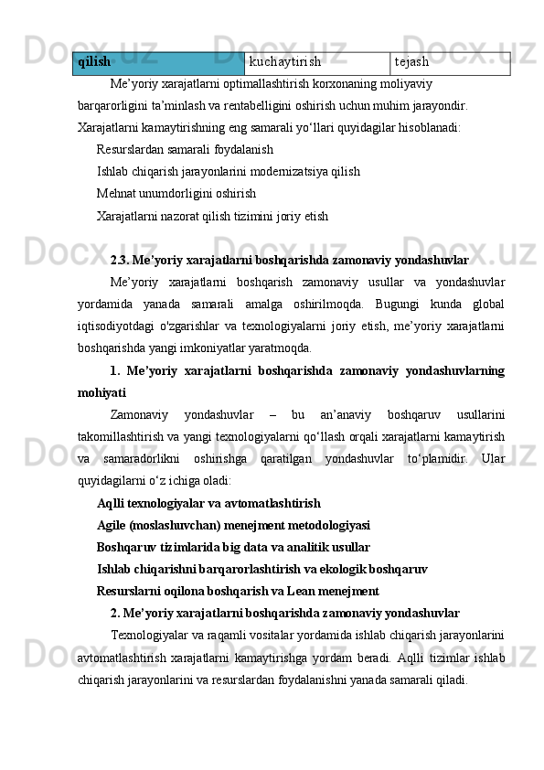 qilish kuchaytirish tejash
Me’yoriy xarajatlarni optimallashtirish korxonaning moliyaviy 
barqarorligini ta’minlash va rentabelligini oshirish uchun muhim jarayondir. 
Xarajatlarni kamaytirishning eng samarali yo‘llari quyidagilar hisoblanadi:
 Resurslardan samarali foydalanish✅
 Ishlab chiqarish jarayonlarini modernizatsiya qilish
✅
 Mehnat unumdorligini oshirish
✅
 Xarajatlarni nazorat qilish tizimini joriy etish
✅
2.3. Me’yoriy xarajatlarni boshqarishda zamonaviy yondashuvlar
Me’yoriy   xarajatlarni   boshqarish   zamonaviy   usullar   va   yondashuvlar
yordamida   yanada   samarali   amalga   oshirilmoqda.   Bugungi   kunda   global
iqtisodiyotdagi   o'zgarishlar   va   texnologiyalarni   joriy   etish,   me’yoriy   xarajatlarni
boshqarishda yangi imkoniyatlar yaratmoqda.
1.   Me’yoriy   xarajatlarni   boshqarishda   zamonaviy   yondashuvlarning
mohiyati
Zamonaviy   yondashuvlar   –   bu   an’anaviy   boshqaruv   usullarini
takomillashtirish va yangi texnologiyalarni qo‘llash orqali xarajatlarni kamaytirish
va   samaradorlikni   oshirishga   qaratilgan   yondashuvlar   to‘plamidir.   Ular
quyidagilarni o‘z ichiga oladi:
 
✅ Aqlli texnologiyalar va avtomatlashtirish
 
✅ Agile (moslashuvchan) menejment metodologiyasi
 
✅ Boshqaruv tizimlarida big data va analitik usullar
 
✅ Ishlab chiqarishni barqarorlashtirish va ekologik boshqaruv
 
✅ Resurslarni oqilona boshqarish va Lean menejment
2. Me’yoriy xarajatlarni boshqarishda zamonaviy yondashuvlar
Texnologiyalar va raqamli vositalar yordamida ishlab chiqarish jarayonlarini
avtomatlashtirish   xarajatlarni   kamaytirishga   yordam   beradi.   Aqlli   tizimlar   ishlab
chiqarish jarayonlarini va resurslardan foydalanishni yanada samarali qiladi. 