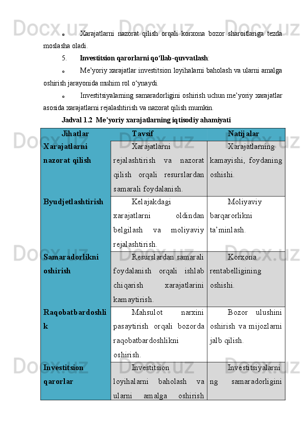 o Xarajatlarni   nazorat   qilish   orqali   korxona   bozor   sharoitlariga   tezda
moslasha oladi.
5. Investitsion qarorlarni qo‘llab-quvvatlash :
o Me’yoriy xarajatlar investitsion loyihalarni baholash va ularni amalga
oshirish jarayonida muhim rol o‘ynaydi.
o Investitsiyalarning samaradorligini oshirish uchun me’yoriy xarajatlar
asosida xarajatlarni rejalashtirish va nazorat qilish mumkin.
Jadval 1.2  Me’yoriy xarajatlarning iqtisodiy ahamiyati
Jihatlar Tavsif Natijalar
Xarajatlarni
nazorat qilish Xarajatlarni
rejalashtirish   va   nazorat
qilish   orqali   resurslardan
samarali foydalanish. Xarajatlarning
kamayishi,   foydaning
oshishi.
Byudjetlashtirish Kelajakdagi
xarajatlarni   oldindan
belgilash   va   moliyaviy
rejalashtirish. Moliyaviy
barqarorlikni
ta’minlash.
Samaradorlikni
oshirish Resurslardan samarali
foydalanish   orqali   ishlab
chiqarish   xarajatlarini
kamaytirish. Korxona
rentabelligining
oshishi.
Raqobatbardoshli
k Mahsulot   narxini
pasaytirish   orqali   bozorda
raqobatbardoshlikni
oshirish. Bozor   ulushini
oshirish va mijozlarni
jalb qilish.
Investitsion
qarorlar Investitsion
loyihalarni   baholash   va
ularni   amalga   oshirish Investitsiyalarni
ng   samaradorligini 