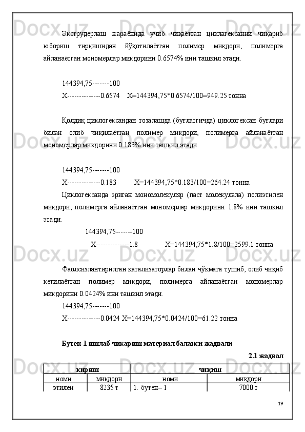Экструдерлаш   жараёнида   учиб   чиқаётган   циклагексанни   чиқариб
юбориш   тирқишидан   йўқотилаётган   полимер   миқдори,   полимерга
айланаётган мономерлар микдорини 0.6574% ини ташкил этади.
144394,75-------100
Х--------------0.6574    Х=144394,75*0.6574/100=949.25 тонна
Қолдиқ   циклогександан   тозалашда   (буғлатгичда)   циклогексан   буғлари
билан   олиб   чиқилаётган   полимер   миқдори,   полимерга   айланаётган
мономерлар микдорини 0.183% ини ташкил этади.
144394,75-------100
Х--------------0.183 Х=144394,75*0.183/100=264.24 тонна
Циклогександа   эриган   мономолекуляр   (паст   молекулала)   полиэтилен
миқдори,   полимерга   айланаётган   мономерлар   микдорини   1.8%   ини   ташкил
этади.
             144394,75-------100
                Х--------------1.8               Х=144394,75*1.8/100=2599.1 тонна
Фаолсизлантирилган катализаторлар билан чўкмага тушиб, олиб чиқиб
кетилаётган   полимер   миқдори,   полимерга   айланаётган   мономерлар
микдорини 0.0424% ини ташкил этади.
144394,75-------100
Х--------------0.0424 Х=144394,75*0.0424/100=61.22 тонна
Бутен-1 ишлаб чикариш материал баланси жадвали
2.1 жадвал
кириш чиқиш
номимиқдори номи	миқдори	
этилен	8235 т
1. бутен– 1	7000 т
19 