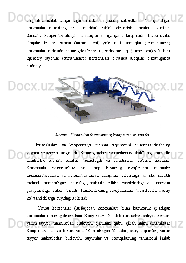 birgalikda   ishlab   chiqaradigan,   mustaqil   iqtisodiy   sub'ektlar   bo‘lib   qoladigan
korxonalar   o‘rtasidagi   uzoq   muddatli   ishlab   chiqarish   aloqalari   tizimidir.
Sanoatda   kooperativ   aloqalar   tarmoq   asoslariga   qarab   farqlanadi,   chunki   ushbu
aloqalar   bir   xil   sanoat   (tarmoq   ichi)   yoki   turli   tarmoqlar   (tarmoqlararo)
korxonalari o‘rtasida, shuningdek bir xil iqtisodiy mintaqa (tuman ichi) yoki turli
iqtisodiy   rayonlar   (tumanlararo)   korxonalari   o‘rtasida   aloqalar   o‘rnatilganda
hududiy.
8-rasm.    Shamollatish tizimining kompyuter ko‘rinishi.
Ixtisoslashuv   va   kooperatsiya   mehnat   taqsimotini   chuqurlashtirishning
yagona   jarayonini   anglatadi.   Shuning   uchun   ixtisoslashuv   shakllariga   muvofiq
hamkorlik   sub'ekt,   batafsil,   texnologik   va   funktsional   bo‘lishi   mumkin.
Korxonada   ixtisoslashuv   va   kooperatsiyaning   rivojlanishi   mehnatni
mexanizatsiyalash   va   avtomatlashtirish   darajasini   oshirishga   va   shu   sababli
mehnat   unumdorligini   oshirishga,   mahsulot   sifatini   yaxshilashga   va   tannarxini
pasaytirishga   imkon   beradi.   Hamkorlikning   rivojlanishini   tavsiflovchi   asosiy
ko‘rsatkichlarga quyidagilar kiradi.     
Ushbu   korxonalar   (ittifoqdosh   korxonalar)   bilan   hamkorlik   qiladigan
korxonalar sonining dinamikasi; Kooperativ etkazib berish uchun ehtiyot qismlar,
yarim   tayyor   mahsulotlar,   butlovchi   qismlarni   qabul   qilish   hajmi   dinamikasi;
Kooperativ   etkazib   berish   yo‘li   bilan   olingan   blanklar,   ehtiyot   qismlar,   yarim
tayyor   mahsulotlar,   butlovchi   buyumlar   va   boshqalarning   tannarxini   ishlab 