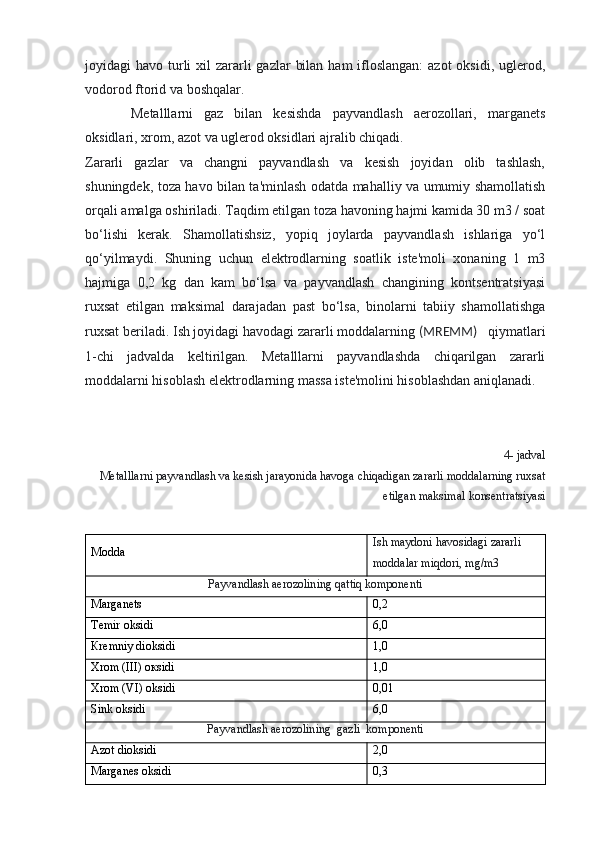 joyidagi  havo turli  xil  zararli  gazlar  bilan  ham  ifloslangan:  azot  oksidi, uglerod,
vodorod ftorid va boshqalar.
Metalllarni   gaz   bilan   kesishda   payvandlash   aerozollari,   marganets
oksidlari, xrom, azot va uglerod oksidlari ajralib chiqadi.
Zararli   gazlar   va   changni   payvandlash   va   kesish   joyidan   olib   tashlash,
shuningdek, toza havo bilan ta'minlash odatda mahalliy va umumiy shamollatish
orqali amalga oshiriladi. Taqdim etilgan toza havoning hajmi kamida 30 m3 / soat
bo‘lishi   kerak.   Shamollatishsiz,   yopiq   joylarda   payvandlash   ishlariga   yo‘l
qo‘yilmaydi.   Shuning   uchun   elektrodlarning   soatlik   iste'moli   xonaning   1   m3
hajmiga   0,2   kg   dan   kam   bo‘lsa   va   payvandlash   changining   kontsentratsiyasi
ruxsat   etilgan   maksimal   darajadan   past   bo‘lsa,   binolarni   tabiiy   shamollatishga
ruxsat beriladi. Ish joyidagi havodagi zararli moddalarning  (MREMM)    qiymatlari
1-chi   jadvalda   keltirilgan.   Metalllarni   payvandlashda   chiqarilgan   zararli
moddalarni hisoblash elektrodlarning massa iste'molini hisoblashdan aniqlanadi.
4-  jadval
Metalllarni payvandlash va kesish jarayonida havoga chiqadigan zararli moddalarning ruxsat
etilgan maksimal konsentratsiyasi
Modda Ish maydoni havosidagi zararli 
moddalar miqdori, mg/m3
Payvandlash aerozolining qattiq komponenti
Marganets 0,2
Temir oksidi 6,0
К remniy dioksidi 1,0
Х rom  (III) ок sidi 1,0
Х rom  (VI)  oksidi 0,01
Sink oksidi 6,0
Payvandlash aerozolining  gazli  komponenti
Azot dioksidi 2,0
Marganes oksidi 0,3