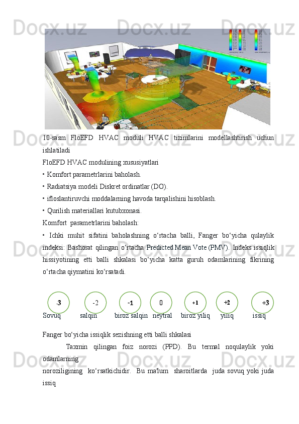  
10-rasm   FloEFD   HVAC   moduli   HVAC   tizimlarini   modellashtirish   uchun
ishlatiladi
FloEFD HVAC modulining xususiyatlari
• Komfort parametrlarini baholash.
• Radiatsiya modeli Diskret ordinatlar (DO).
• ifloslantiruvchi moddalarning havoda tarqalishini hisoblash.
• Qurilish materiallari kutubxonasi.
Komfort  parametrlarini baholash:
•   Ichki   muhit   sifatini   baholashning   o‘rtacha   balli,   Fanger   bo‘yicha   qulaylik
indeksi:   Bashorat   qilingan   o‘rtacha   Predicted   Mean   Vote   (PMV).   Indeks   issiqlik
hissiyotining   etti   balli   shkalasi   bo‘yicha   katta   guruh   odamlarining   fikrining
o‘rtacha qiymatini ko‘rsatadi.
Sovuq           salqin          biroz salqin   neytral     biroz yiliq      yiliq           issiq
Fanger bo‘yicha issiqlik sezishning etti balli shkalasi
Taxmin   qilingan   foiz   norozi   (PPD).   Bu   termal   noqulaylik   yoki
odamlarning 
noroziligining     ko‘rsatkichidir.     Bu   ma'lum     sharoitlarda     juda   sovuq   yoki   juda
issiq  -1
0 +1
+2
+3-2- 3 