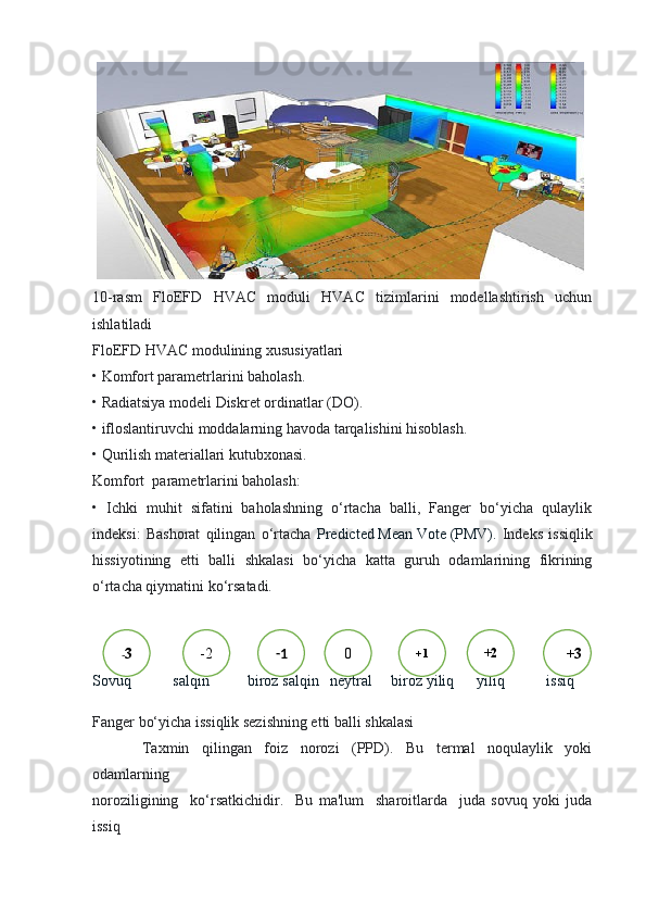 10-rasm   FloEFD   HVAC   moduli   HVAC   tizimlarini   modellashtirish   uchun
ishlatiladi
FloEFD HVAC modulining xususiyatlari
• Komfort parametrlarini baholash.
• Radiatsiya modeli Diskret ordinatlar (DO).
• ifloslantiruvchi moddalarning havoda tarqalishini hisoblash.
• Qurilish materiallari kutubxonasi.
Komfort  parametrlarini baholash:
•   Ichki   muhit   sifatini   baholashning   o‘rtacha   balli,   Fanger   bo‘yicha   qulaylik
indeksi:   Bashorat   qilingan   o‘rtacha   Predicted   Mean   Vote   (PMV).   Indeks   issiqlik
hissiyotining   etti   balli   shkalasi   bo‘yicha   katta   guruh   odamlarining   fikrining
o‘rtacha qiymatini ko‘rsatadi.
Sovuq           salqin          biroz salqin   neytral     biroz yiliq      yiliq           issiq
Fanger bo‘yicha issiqlik sezishning etti balli shkalasi
Taxmin   qilingan   foiz   norozi   (PPD).   Bu   termal   noqulaylik   yoki
odamlarning 
noroziligining     ko‘rsatkichidir.     Bu   ma'lum     sharoitlarda     juda   sovuq   yoki   juda
issiq  -1
0 +1
+2
+3-2- 3