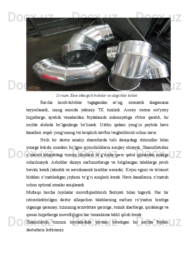 11-rasm. Xavo otkazgich trubalar va ulagichlar turlari.
Barcha   hisob-kitoblar   tugagandan   so‘ng,   sxematik   diagramma
tayyorlanadi,   uning   asosida   yakuniy   TK   tuziladi.   Asosiy   sxema   me'yoriy
hujjatlarga,   ajratish   vanalaridan   foydalanish   imkoniyatiga   e'tibor   qaratib,   bir
nechta   alohida   bo‘lganlarga   bo‘linadi.   Ushbu   qadam   yong‘in   paytida   havo
kanallari orqali yong‘inning tez tarqalish xavfini tenglashtirish uchun zarur.
Hech   bir   dastur   amaliy   sharoitlarda   turli   darajadagi   ehtimollar   bilan
yuzaga kelishi mumkin bo‘lgan qiyinchiliklarni aniqlay olmaydi. Shamollatishni
o‘rnatish kelajakdagi  tizimni  jihozlash  to‘g‘risida qaror  qabul  qilmasdan amalga
oshirilmaydi.   Asboblar   dizayn   ma'lumotlariga   va   belgilangan   talablarga   javob
berishi kerak (akustik va aerodinamik hisoblar asosida). Keyin egzoz va ta'minot
bloklari o‘rnatiladigan joylarni to‘g‘ri aniqlash kerak. Havo kanallarini o‘rnatish
uchun optimal zonalar aniqlanadi.
Mutlaqo   barcha   loyihalar   muvofiqlashtirish   faoliyati   bilan   tugaydi.   Har   bir
ixtisoslashtirilgan   dastur   allaqachon   talablarning   ma'lum   ro‘yxatini   hisobga
olganiga qaramay, tizimning arxitektura qaroriga, texnik shartlarga, qoidalarga va
qonun hujjatlariga muvofiqligini har tomonlama tahlil qilish kerak.
Shamollatish   tizimini   loyihalashda   yordam   beradigan   bir   nechta   foydali
dasturlarni keltiramiz: 