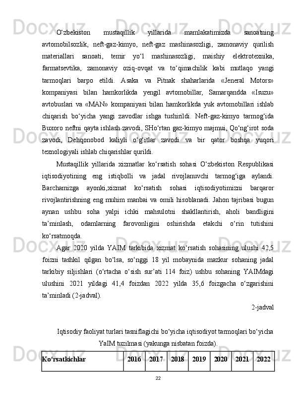 O‘zbekiston   mustaqillik   yillarida   mamlakatimizda   sanoatning
avtomobilsozlik,   neft-gaz-kimyo,   neft-gaz   mashinasozligi,   zamonaviy   qurilish
materiallari   sanoati,   temir   yo‘l   mashinasozligi,   maishiy   elektrotexnika,
farmatsevtika,   zamonaviy   oziq-ovqat   va   to‘qimachilik   kabi   mutlaqo   yangi
tarmoqlari   barpo   etildi.   Asaka   va   Pitnak   shaharlarida   «Jeneral   Motors»
kompaniyasi   bilan   hamkorlikda   yengil   avtomobillar,   Samarqandda   «Isuzu»
avtobuslari   va   «MAN»   kompaniyasi   bilan   hamkorlikda   yuk   avtomobillari   ishlab
chiqarish   bo‘yicha   yangi   zavodlar   ishga   tushirildi.   Neft-gaz-kimyo   tarmog‘ida
Buxoro neftni qayta ishlash zavodi, SHo‘rtan gaz-kimyo majmui, Qo‘ng‘irot soda
zavodi,   Dehqonobod   kaliyli   o‘g‘itlar   zavodi   va   bir   qator   boshqa   yuqori
texnologiyali ishlab chiqarishlar qurildi.
Mustaqillik   yillarida   xizmatlar   ko‘rsatish   sohasi   O‘zbekiston   Respublikasi
iqtisodiyotining   eng   istiqbolli   va   jadal   rivojlanuvchi   tarmog‘iga   aylandi.
Barchamizga   ayonki,xizmat   ko‘rsatish   sohasi   iqtisodiyotimizni   barqaror
rivojlantirishning   eng  muhim   manbai   va   omili   hisoblanadi.   Jahon   tajribasi   bugun
aynan   ushbu   soha   yalpi   ichki   mahsulotni   shakllantirish,   aholi   bandligini
ta’minlash,   odamlarning   farovonligini   oshirishda   etakchi   o‘rin   tutishini
ko‘rsatmoqda.
Agar   2020   yilda   YAIM   tarkibida   xizmat   ko‘rsatish   sohasining   ulushi   42,5
foizni   tashkil   qilgan   bo‘lsa,   so‘nggi   18   yil   mobaynida   mazkur   sohaning   jadal
tarkibiy   siljishlari   (o‘rtacha   o‘sish   sur’ati   114   foiz)   ushbu   sohaning   YAIMdagi
ulushini   2021   yildagi   41,4   foizdan   2022   yilda   35,6   foizgacha   o‘zgarishini
ta’minladi (2-jadval).
2-jadval
Iqtisodiy faoliyat turlari tasniflagichi bo‘yicha iqtisodiyot tarmoqlari bo‘yicha
YaIM tuzilmasi (yakunga nisbatan foizda).
Ko‘rsatkichlar2016	2017	2018	2019	2020	2021	2022
22 