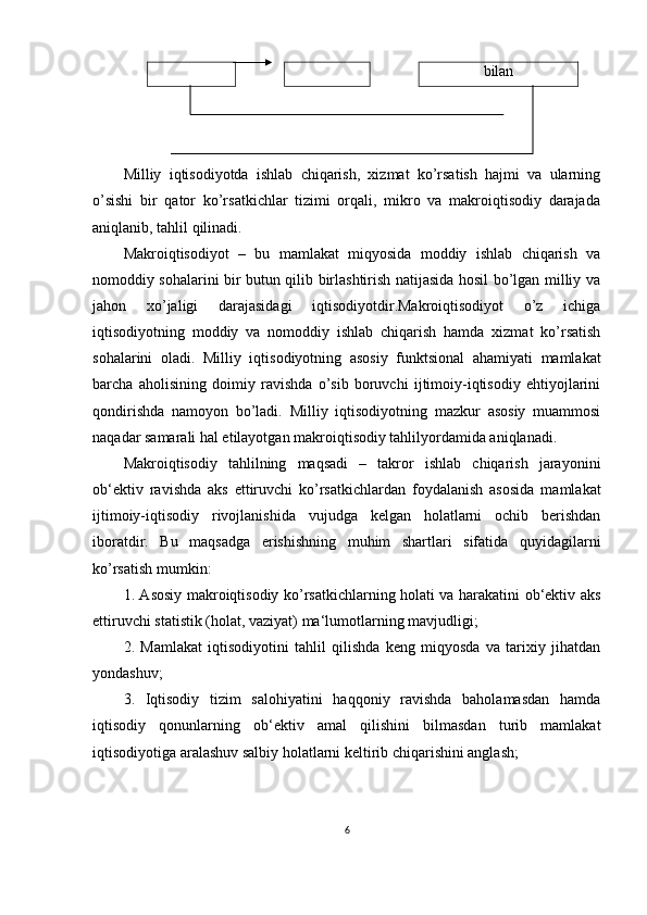 bilan
Milliy   iqtisodiyotda   ishlab   chiqarish,   xizmat   ko’rsatish   hajmi   va   ularning
o’sishi   bir   qator   ko’rsatkichlar   tizimi   orqali,   mikro   va   makroiqtisodiy   darajada
aniqlanib, tahlil qilinadi.
Makroiqtisodiyot   –   bu   mamlakat   miqyosida   moddiy   ishlab   chiqarish   va
nomoddiy sohalarini bir butun qilib birlashtirish natijasida hosil bo’lgan milliy va
jahon   xo’jaligi   darajasidagi   iqtisodiyotdir.Makroiqtisodiyot   o’z   ichiga
iqtisodiyotning   moddiy   va   nomoddiy   ishlab   chiqarish   hamda   xizmat   ko’rsatish
sohalarini   oladi.   Milliy   iqtisodiyotning   asosiy   funktsional   ahamiyati   mamlakat
barcha   aholisining   doimiy   ravishda   o’sib   boruvchi   ijtimoiy-iqtisodiy   ehtiyojlarini
qondirishda   namoyon   bo’ladi.   Milliy   iqtisodiyotning   mazkur   asosiy   muammosi
naqadar samarali hal etilayotgan makroiqtisodiy tahlilyordamida aniqlanadi.
Makroiqtisodiy   tahlilning   maqsadi   –   takror   ishlab   chiqarish   jarayonini
ob‘ektiv   ravishda   aks   ettiruvchi   ko’rsatkichlardan   foydalanish   asosida   mamlakat
ijtimoiy-iqtisodiy   rivojlanishida   vujudga   kelgan   holatlarni   ochib   berishdan
iboratdir.   Bu   maqsadga   erishishning   muhim   shartlari   sifatida   quyidagilarni
ko’rsatish mumkin:
1. Asosiy makroiqtisodiy ko’rsatkichlarning holati va harakatini ob‘ektiv aks
ettiruvchi statistik (holat, vaziyat) ma‘lumotlarning mavjudligi;
2.   Mamlakat   iqtisodiyotini   tahlil   qilishda   keng   miqyosda   va   tarixiy   jihatdan
yondashuv;
3.   Iqtisodiy   tizim   salohiyatini   haqqoniy   ravishda   baholamasdan   hamda
iqtisodiy   qonunlarning   ob‘ektiv   amal   qilishini   bilmasdan   turib   mamlakat
iqtisodiyotiga aralashuv salbiy holatlarni keltirib chiqarishini anglash;
6 