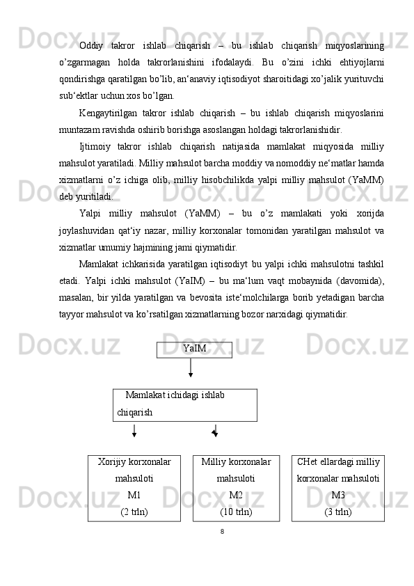 Oddiy   takror   ishlab   chiqarish   –   bu   ishlab   chiqarish   miqyoslarining
o’zgarmagan   holda   takrorlanishini   ifodalaydi.   Bu   o’zini   ichki   ehtiyojlarni
qondirishga qaratilgan bo’lib, an‘anaviy iqtisodiyot sharoitidagi xo’jalik yurituvchi
sub‘ektlar uchun xos bo’lgan.
Kengaytirilgan   takror   ishlab   chiqarish   –   bu   ishlab   chiqarish   miqyoslarini
muntazam ravishda oshirib borishga asoslangan holdagi takrorlanishidir.
Ijtimoiy   takror   ishlab   chiqarish   natijasida   mamlakat   miqyosida   milliy
mahsulot yaratiladi. Milliy mahsulot barcha moddiy va nomoddiy ne‘matlar hamda
xizmatlarni   o’z   ichiga   olib,   milliy   hisobchilikda   yalpi   milliy   mahsulot   (YaMM)
deb yuritiladi. 
Yalpi   milliy   mahsulot   (YaMM)   –   bu   o’z   mamlakati   yoki   xorijda
joylashuvidan   qat‘iy   nazar,   milliy   korxonalar   tomonidan   yaratilgan   mahsulot   va
xizmatlar umumiy hajmining jami qiymatidir.
Mamlakat   ichkarisida   yaratilgan   iqtisodiyt   bu   yalpi   ichki   mahsulotni   tashkil
etadi.   Yalpi   ichki   mahsulot   (YaIM)   –   bu   ma‘lum   vaqt   mobaynida   (davomida),
masalan,   bir   yilda   yaratilgan   va   bevosita   iste‘molchilarga   borib   yetadigan   barcha
tayyor mahsulot va ko’rsatilgan xizmatlarning bozor narxidagi qiymatidir.  
YaIM
  
Mamlakat ichidagi ishlab 
chiqarish
Xorijiy korxonalar
mahsuloti 
M1
(2 trln) Milliy korxonalar
mahsuloti 
M2
(10 trln) CHet ellardagi milliy
korxonalar mahsuloti 
M3
(3 trln)
8 