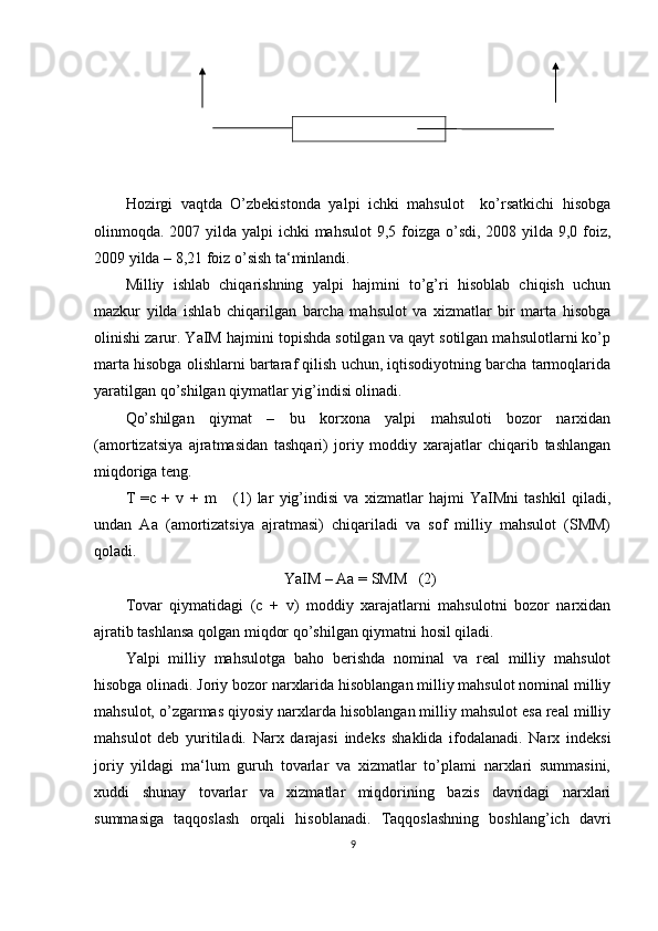 Hozirgi   vaqtda   O’zbekistonda   yalpi   ichki   mahsulot     ko’rsatkichi   hisobga
olinmoqda. 2007 yilda yalpi  ichki mahsulot  9,5 foizga o’sdi, 2008 yilda 9,0 foiz,
2009 yilda – 8,21 foiz o’sish ta‘minlandi.
Milliy   ishlab   chiqarishning   yalpi   hajmini   to’g’ri   hisoblab   chiqish   uchun
mazkur   yilda   ishlab   chiqarilgan   barcha   mahsulot   va   xizmatlar   bir   marta   hisobga
olinishi zarur. YaIM hajmini topishda sotilgan va qayt sotilgan mahsulotlarni ko’p
marta hisobga olishlarni bartaraf qilish uchun, iqtisodiyotning barcha tarmoqlarida
yaratilgan qo’shilgan qiymatlar yig’indisi olinadi.
Qo’shilgan   qiymat   –   bu   korxona   yalpi   mahsuloti   bozor   narxidan
(amortizatsiya   ajratmasidan   tashqari)   joriy   moddiy   xarajatlar   chiqarib   tashlangan
miqdoriga teng.
T   =c   +   v   +   m       (1)   lar   yig’indisi   va   xizmatlar   hajmi   YaIMni   tashkil   qiladi,
undan   Aa   (amortizatsiya   ajratmasi)   chiqariladi   va   sof   milliy   mahsulot   (SMM)
qoladi.
                                         YaIM – Aa = SMM   (2)
Tovar   qiymatidagi   (c   +   v)   moddiy   xarajatlarni   mahsulotni   bozor   narxidan
ajratib tashlansa qolgan miqdor qo’shilgan qiymatni hosil qiladi. 
Yalpi   milliy   mahsulotga   baho   berishda   nominal   va   real   milliy   mahsulot
hisobga olinadi. Joriy bozor narxlarida hisoblangan milliy mahsulot nominal milliy
mahsulot, o’zgarmas qiyosiy narxlarda hisoblangan milliy mahsulot esa real milliy
mahsulot   deb   yuritiladi.   Narx   darajasi   indeks   shaklida   ifodalanadi.   Narx   indeksi
joriy   yildagi   ma‘lum   guruh   tovarlar   va   xizmatlar   to’plami   narxlari   summasini,
xuddi   shunay   tovarlar   va   xizmatlar   miqdorining   bazis   davridagi   narxlari
summasiga   taqqoslash   orqali   hisoblanadi.   Taqqoslashning   boshlang’ich   davri
9 