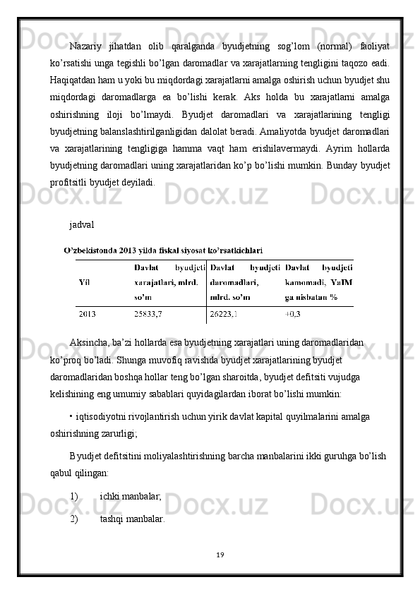 Nazariy   jihatdan   olib   qaralganda   byudjetning   sog’lom   (normal)   faoliyat
ko’rsatishi unga tegishli bo’lgan daromadlar va xarajatlarning tengligini taqozo eadi.
Haqiqatdan ham u yoki bu miqdordagi xarajatlarni amalga oshirish uchun byudjet shu
miqdordagi   daromadlarga   ea   bo’lishi   kerak.   Aks   holda   bu   xarajatlarni   amalga
oshirishning   iloji   bo’lmaydi.   Byudjet   daromadlari   va   xarajatlarining   tengligi
byudjetning balanslashtirilganligidan dalolat beradi. Amaliyotda byudjet daromadlari
va   xarajatlarining   tengligiga   hamma   vaqt   ham   erishilavermaydi.   Ayrim   hollarda
byudjetning daromadlari uning xarajatlaridan ko’p bo’lishi mumkin. Bunday byudjet
profitsitli byudjet deyiladi.  
 
jadval
  
Aksincha, ba’zi hollarda esa byudjetning xarajatlari uning daromadlaridan 
ko’proq bo’ladi. Shunga muvofiq ravishda byudjet xarajatlarining byudjet 
daromadlaridan boshqa hollar teng bo’lgan sharoitda, byudjet defitsiti vujudga 
kelishining eng umumiy sabablari quyidagilardan iborat bo’lishi mumkin: 
• iqtisodiyotni rivojlantirish uchun yirik davlat kapital quyilmalarini amalga 
oshirishning zarurligi; 
Byudjet defitsitini moliyalashtirishning barcha manbalarini ikki guruhga bo’lish 
qabul qilingan: 
1) ichki manbalar; 
2) tashqi manbalar. 
19 