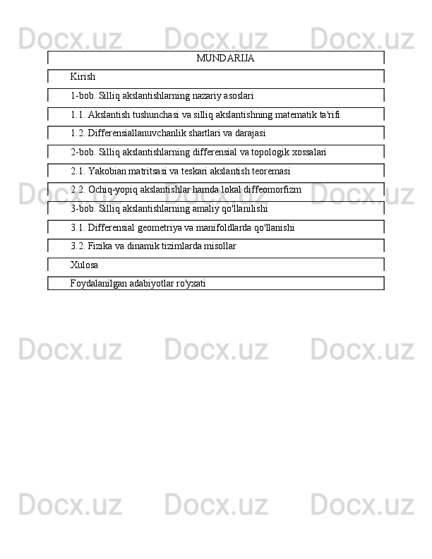 MUNDARIJA
Kirish  
1-bob. Silliq akslantishlarning nazariy asoslari  
1.1. Akslantish tushunchasi va silliq akslantishning matematik ta'rifi  
1.2. Differensiallanuvchanlik shartlari va darajasi  
2-bob. Silliq akslantishlarning differensial va topologik xossalari  
2.1. Yakobian matritsasi va teskari akslantish teoremasi  
2.2. Ochiq-yopiq akslantishlar hamda lokal diffeomorfizm  
3-bob. Silliq akslantishlarning amaliy qo'llanilishi  
3.1. Differensial geometriya va manifoldlarda qo'llanishi  
3.2. Fizika va dinamik tizimlarda misollar  
Xulosa  
Foydalanilgan adabiyotlar ro'yxati 