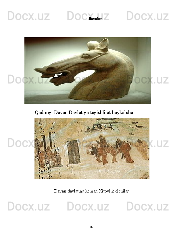 Ilovalar
Qadimgi Davan Davlatiga tegishli ot haykalcha
Davan davlatiga kelgan Xitoylik elchilar
32 