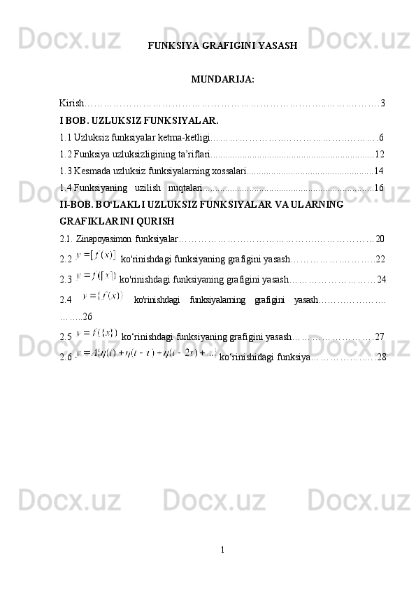 FUNKSIYA GRAFIGINI YASASH
MUNDARIJA:
Kirish………………………………………………………….……..…….……….3
I BOB. UZLUKSIZ FUNKSIYALAR.
1.1 Uzluksiz funksiyalar kеtma-kеtligi…………………..………………..……….6  
1.2 Funksiya uzluksizligining ta’riflari...................................................................12
1.3 Kesmada uzluksiz funksiyalarning xossalari....................................................14
1.4 Funksiyaning   uzilish   nuqtalari......................................................................16
II-BOB. BO‘LAKLI UZLUKSIZ FUNKSIYALAR VA ULARNING 
GRAFIKLARINI QURISH
2.1.  Zinapoyasimon   funksiyalar…………………………………….………………20
2.2    ko'rinishdagi funksiyaning grafigini yasash…………….………..22
2.3   ko'rinishdagi funksiyaning grafigini yasash………………………24
2.4     ko'rinishdagi   funksiyalarning   grafigini   yasash………………….
……..26
2.5     ko‘rinishdagi   funksiyaning   grafigini   yasash… ………………….27
2.6  ko‘rinishidagi funksiya……………..….28
1 