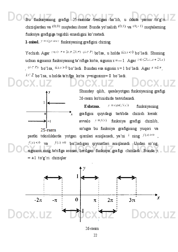 Bu   funksiyaning   grafigi   25-rasmda   berilgan   bo‘lib,   u   ikkita   yarim   to‘g‘ri
chiziqlardan va   nuqtadan iborat. Bunda yo‘nalish   va   nuqtalarning
funksiya grafigiga tegishli emasligini ko‘rsatadi.         
1-misol.    funksiyaning grafigini chizing.    
Yechish.   Agar     bo‘ls a,   u   holda    bo‘ladi.  Shuning
uchun signumx funksiyaning ta‘rifiga ko'ra, signsin   x = — 1.    Agar 
,       bo‘lsa,   bo‘ladi.   Bundan esa signsin   x = 1  bo‘ladi.  Agar  ,
  bo‘lsa,  u holda ta'rifga   ko'ra   y=signsin x=   0   bo‘ladi.
Shunday   qilib,   qaralayotgan funksiyaning   grafigi
26-rasm   ko'rinishida   tasvirlanadi.
Eslatma.     funksiyaning
grafigini   quyidagi   tartibda   chizish   kerak:
avvalo     funksiya   grafigi   chizilib,
so'ngra   bu   funksiya   grafigining   yuqori   va
pastki   tekisliklarda   yotgan   qismlari   aniqlanadi,   ya‘ni     ning     ,
  va       bo‘ladigan   qiymatlari   aniqlanadi.   Undan   so‘ng,
signum x   ning ta'rifiga asosan, berilgan   funksiya   grafigi   chiziladi.  Bunda   у
=   ±1   to'g‘ri   chiziqlar
26- rasm
22 