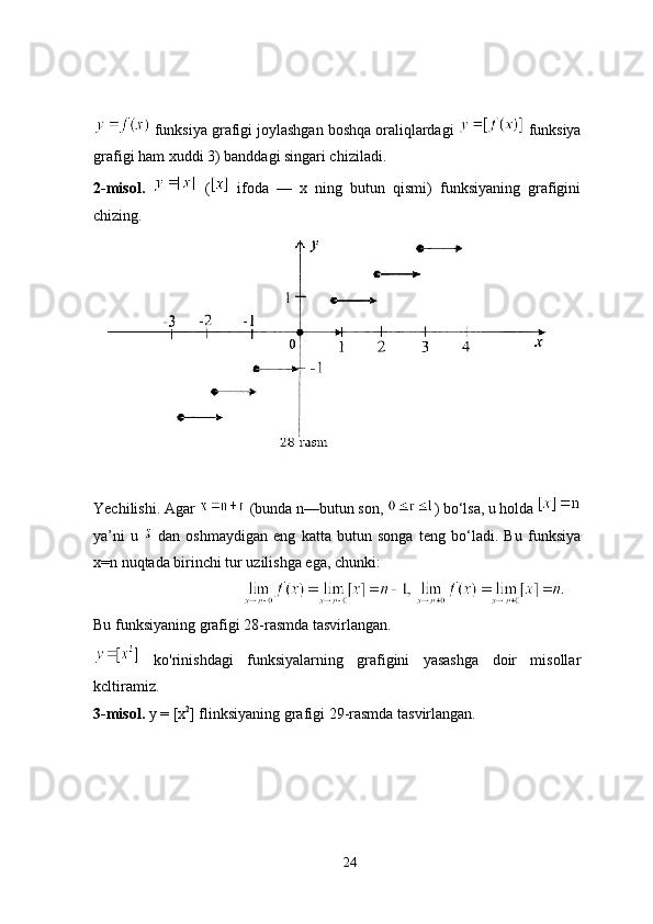  funksiya grafigi joylashgan boshqa oraliqlardagi   funksiya
grafigi ham xuddi 3) banddagi singari chiziladi.
2-misol.     (   ifoda   —   x   ning   butun   qismi)   funksiyaning   grafigini
chizing.
Yechilishi. Agar   (bunda n—butun son,  ) bo‘lsa, u holda 
ya’ni   u     dan   oshmaydigan   eng   katta   butun   songa   teng   bo‘ladi.   Bu   funksiya
x=n nuqtada birinchi tur uzilishga ega, chunki:
                                         
Bu funksiyaning grafigi 28-rasmda tasvirlangan.
  ko'rinishdagi   funksiyalarning   grafigini   yasashga   doir   misollar
kcltiramiz.
3-misol.  у = [x 2
] flinksiyaning grafigi 29-rasmda tasvirlangan.                
24 
