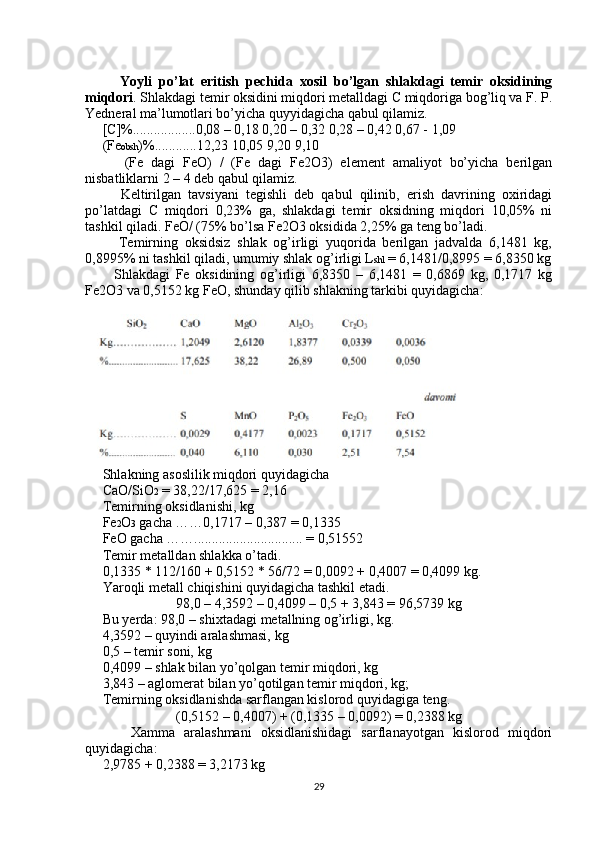           Yoyli   po’lat   eritish   pechida   xosil   bo’lgan   shlakdagi   temir   oksidining
miqdori . Shlakdagi temir oksidini miqdori metalldagi C miqdoriga bog’liq va F. P.
Yedneral ma’lumotlari bo’yicha quyyidagicha qabul qilamiz.
     [C]%..................0,08 – 0,18 0,20 – 0,32 0,28 – 0,42 0,67 - 1,09
     (Fe obsh )%............12,23 10,05 9,20 9,10
          (Fe   dagi   FeO)   /   (Fe   dagi   Fe2O3)   element   amaliyot   bo’yicha   berilgan
nisbatliklarni 2 – 4 deb qabul qilamiz.
          Keltirilgan   tavsiyani   tegishli   deb   qabul   qilinib,   erish   davrining   oxiridagi
po’latdagi   C   miqdori   0,23%   ga,   shlakdagi   temir   oksidning   miqdori   10,05%   ni
tashkil qiladi. FeO/ (75% bo’lsa Fe2O3 oksidida 2,25% ga teng bo’ladi.
          Temirning   oksidsiz   shlak   og’irligi   yuqorida   berilgan   jadvalda   6,1481   kg,
0,8995% ni tashkil qiladi, umumiy shlak og’irligi L shl  = 6,1481/0,8995 = 6,8350 kg
          Shlakdagi   Fe   oksidining   og’irligi   6,8350   –   6,1481   =   0,6869   kg,   0,1717   kg
Fe2O3 va 0,5152 kg FeO, shunday qilib shlakning tarkibi quyidagicha:
     Shlakning asoslilik miqdori quyidagicha
     CaO/SiO 2  = 38,22/17,625 = 2,16
     Temirning oksidlanishi, kg
     Fe 2 O 3  gacha ……0,1717 – 0,387 = 0,1335
     FeO gacha ……............................... = 0,51552
     Temir metalldan shlakka o’tadi.
     0,1335 * 112/160 + 0,5152 * 56/72 = 0,0092 + 0,4007 = 0,4099 kg.
     Yaroqli metall chiqishini quyidagicha tashkil etadi.
98,0 – 4,3592 – 0,4099 – 0,5 + 3,843 = 96,5739 kg
     Bu yerda: 98,0 – shixtadagi metallning og’irligi, kg.
     4,3592 – quyindi aralashmasi, kg
     0,5 – temir soni, kg
     0,4099 – shlak bilan yo’qolgan temir miqdori, kg
     3,843 – aglomerat bilan yo’qotilgan temir miqdori, kg;
     Temirning oksidlanishda sarflangan kislorod quyidagiga teng.
(0,5152 – 0,4007) + (0,1335 – 0,0092) = 0,2388 kg
          Xamma   aralashmani   oksidlanishidagi   sarflanayotgan   kislorod   miqdori
quyidagicha:
     2,9785 + 0,2388 = 3,2173 kg
29 