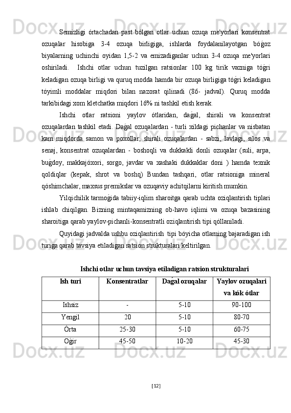 Semizligi   órtachadan   past   bólgan   otlar   uchun   ozuqa   me'yorlari   konsentrat
ozuqalar   hisobiga   3-4   ozuqa   birligiga,   ishlarda   foydalanilayotgan   bóg�oz
biyalarning   uchinchi   oyidan   1,5-2   va   emizadiganlar   uchun   3-4   ozuqa   me'yorlari
oshiriladi.     Ishchi   otlar   uchun   tuzilgan   ratsionlar   100   kg   tirik   vazniga   tó
g�ri
keladigan ozuqa birligi va quruq modda hamda bir ozuqa birligiga tó	
g�ri keladigan
tóyimli   moddalar   miqdori   bilan   nazorat   qilinadi   (86-   jadval).   Quruq   modda
tarkibidagi xom kletchatka miqdori 16% ni tashkil etish kerak.
Ishchi   otlar   ratsioni   yaylov   ótlaridan,   da	
g�al,   shirali   va   konsentrat
ozuqalardan  tashkil   etadi.   Da	
g�al   ozuqalardan   -   turli   xildagi   pichanlar   va   nisbatan
kam   miqdorda   samon   va   poxollar,   shirali   ozuqalardan   -   sabzi,   lavlagi,   silos   va
senaj,   konsentrat   ozuqalardan   -   boshoqli   va   dukkakli   donli   ozuqalar   (suli,   arpa,
bu	
g�doy,   makkajóxori,   sorgo,   javdar   va   xashaki   dukkaklar   doni   )   hamda   texnik
qoldiqlar   (kepak,   shrot   va   boshq)   Bundan   tashqari,   otlar   ratsioniga   mineral
qóshimchalar, maxsus premikslar va ozuqaviy achitqilarni kiritish mumkin. 
Yilqichilik tarmo	
g�ida tabiiy-iqlim sharoitga qarab uchta oziqlantirish tiplari
ishlab   chiqilgan.   Bizning   mintaqamizning   ob-havo   iqlimi   va   ozuqa   bazasining
sharoitiga qarab yaylov-pichanli-konsentratli oziqlantirish tipi qóllaniladi. 
Quyidagi jadvalda ushbu oziqlantirish  tipi bóyicha otlarning bajaradigan ish
turiga qarab tavsiya etiladigan ratsion strukturalari keltirilgan.
Ishchi otlar uchun tavsiya etiladigan ratsion strukturalari 
Ish turi  Konsentratlar Da	
g0al ozuqalar Yaylov ozuqalari
va kók ótlar
Ishsiz - 5-10 90-100
Yengil 20 5-10 80-70
Órta  25-30 5-10 60-75
O	
g�ir  45-50 10-20 45-30
[ 12 ] 