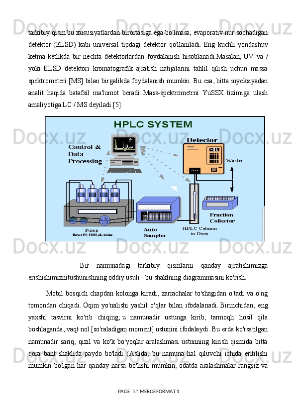tarkibiy qism bu xususiyatlardan birortasiga ega bo'lmasa, evaporativ-nur sochadigan
detektor   (ELSD)   kabi   universal   tipdagi   detektor   qo'llaniladi.   Eng   kuchli   yondashuv
ketma-ketlikda   bir   nechta   detektorlardan   foydalanish   hisoblanadi.Masalan,   UV   va   /
yoki   ELSD   detektori   kromatografik   ajratish   natijalarini   tahlil   qilish   uchun   massa
spektrometeri [MS] bilan birgalikda foydalanish mumkin.   Bu esa, bitta inyeksiyadan
analit   haqida   batafsil   ma'lumot   beradi.   Mass-spektrometrni   YuSSX   tizimiga   ulash
amaliyotiga LC / MS deyiladi.[5]
              Bir   namunadagi   tarkibiy   qismlarni   qanday   ajratishimizga
erishishimiznitushunishning oddiy usuli - bu shaklning diagrammasini ko'rish.
              Mobil   bosqich   chapdan   kolonga   kiradi,   zarrachalar   to'shagidan   o'tadi   va   o'ng
tomondan   chiqadi.   Oqim   yo'nalishi   yashil   o'qlar   bilan   ifodalanadi.   Birinchidan,   eng
yaxshi   tasvirni   ko'rib   chiqing;   u   namunadir   ustunga   kirib,   tarmoqli   hosil   qila
boshlaganda, vaqt nol [so'raladigan moment] ustunini ifodalaydi.   Bu erda ko'rsatilgan
namunadir   sariq,   qizil   va   ko'k   bo'yoqlar   aralashmasi   ustunning   kirish   qismida   bitta
qora   bant   shaklida   paydo   bo'ladi.   (Aslida,   bu   namuna   hal   qiluvchi   ichida   eritilishi
mumkin   bo'lgan   har   qanday   narsa   bo'lishi   mumkin;   odatda   aralashmalar   rangsiz   va
 PAGE   \* MERGEFORMAT 1 