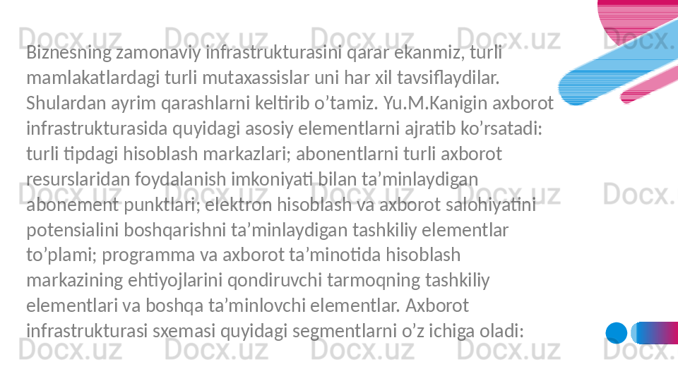 Biznesning zamonaviy infrastrukturasini qarar ekanmiz, turli 
mamlakatlardagi turli mutaxassislar uni har xil tavsiflaydilar. 
Shulardan ayrim qarashlarni keltirib o’tamiz. Yu.M.Kanigin axborot 
infrastrukturasida quyidagi asosiy elementlarni ajratib ko’rsatadi: 
turli tipdagi hisoblash markazlari; abonentlarni turli axborot 
resurslaridan foydalanish imkoniyati bilan ta’minlaydigan 
abonement punktlari; elektron hisoblash va axborot salohiyatini 
potensialini boshqarishni ta’minlaydigan tashkiliy elementlar 
to’plami; programma va axborot ta’minotida hisoblash 
markazining ehtiyojlarini qondiruvchi tarmoqning tashkiliy 
elementlari va boshqa ta’minlovchi elementlar. Axborot 
infrastrukturasi sxemasi quyidagi segmentlarni o’z ichiga oladi: