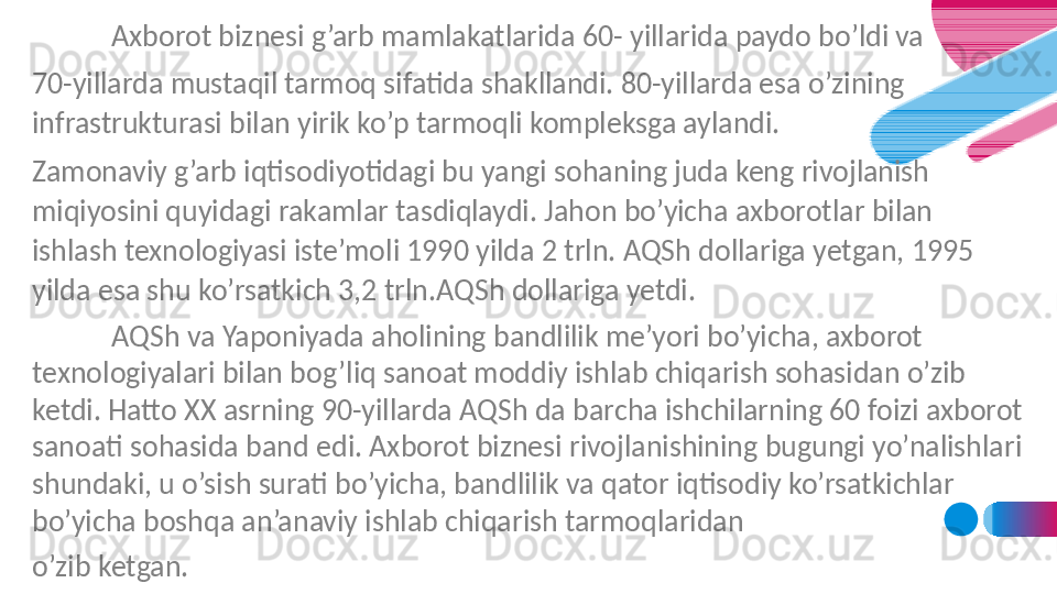   Axborot biznesi g’arb mamlakatlarida 60- yillarida paydo bo’ldi va 
70-yillarda mustaqil tarmoq sifatida shakllandi. 80-yillarda esa o’zining 
infrastrukturasi bilan yirik ko’p tarmoqli kompleksga aylandi. 
Zamonaviy g’arb iqtisodiyotidagi bu yangi sohaning juda keng rivojlanish 
miqiyosini quyidagi rakamlar tasdiqlaydi. Jahon bo’yicha axborotlar bilan 
ishlash texnologiyasi iste’moli 1990 yilda 2 trln. AQSh dollariga yetgan, 1995 
yilda esa shu ko’rsatkich 3,2 trln.AQSh dollariga yetdi.
AQSh va Yaponiyada aholining bandlilik me’yori bo’yicha, axborot 
texnologiyalari bilan bog’liq sanoat moddiy ishlab chiqarish sohasidan o’zib 
ketdi. Hatto XX asrning 90-yillarda AQSh da barcha ishchilarning 60 foizi axborot 
sanoati sohasida band edi. Axborot biznesi rivojlanishining bugungi yo’nalishlari 
shundaki, u o’sish surati bo’yicha, bandlilik va qator iqtisodiy ko’rsatkichlar 
bo’yicha boshqa an’anaviy ishlab chiqarish tarmoqlaridan 
o’zib ketgan. 